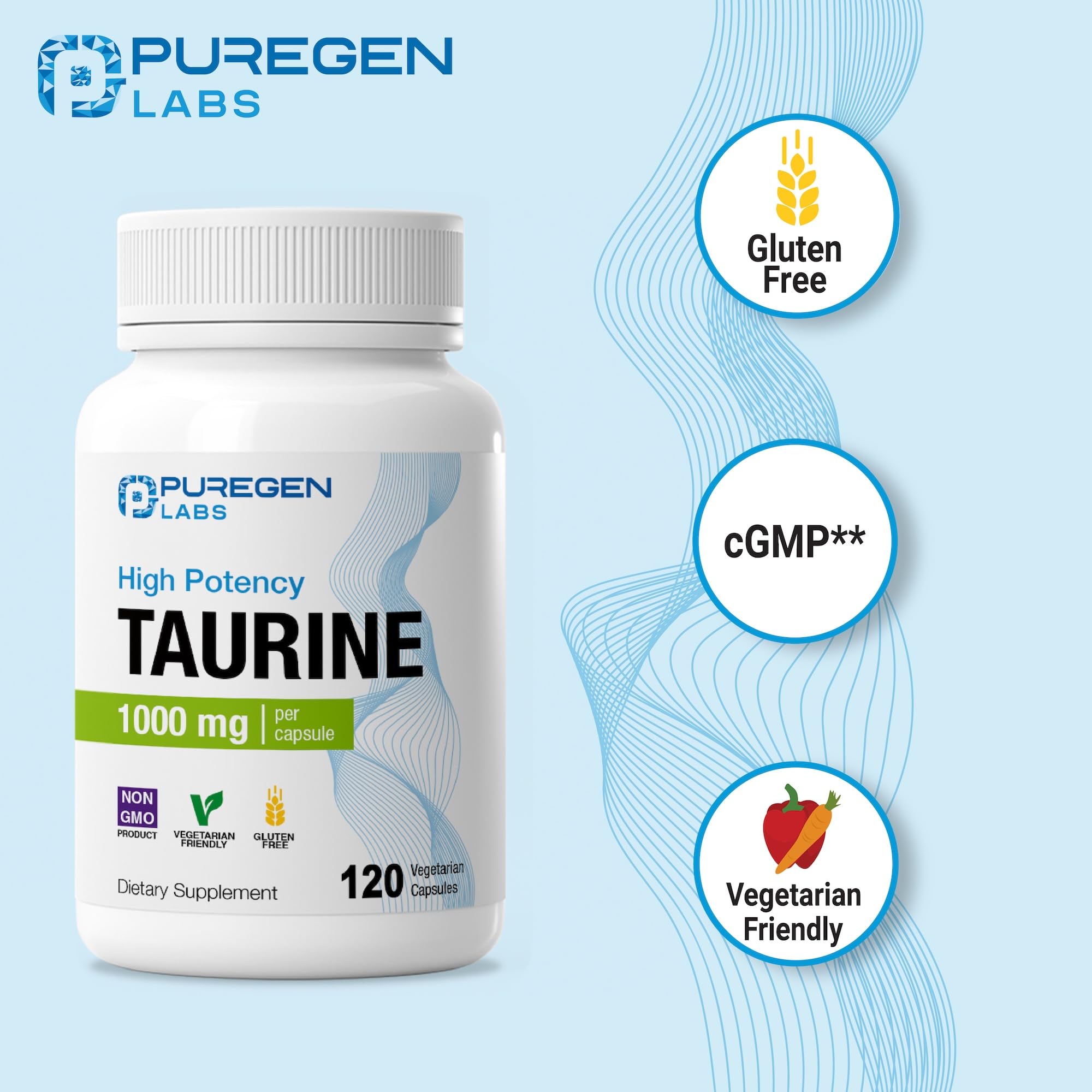 P Puregen Labs Taurine 1000mg vegetarian capsules packaging