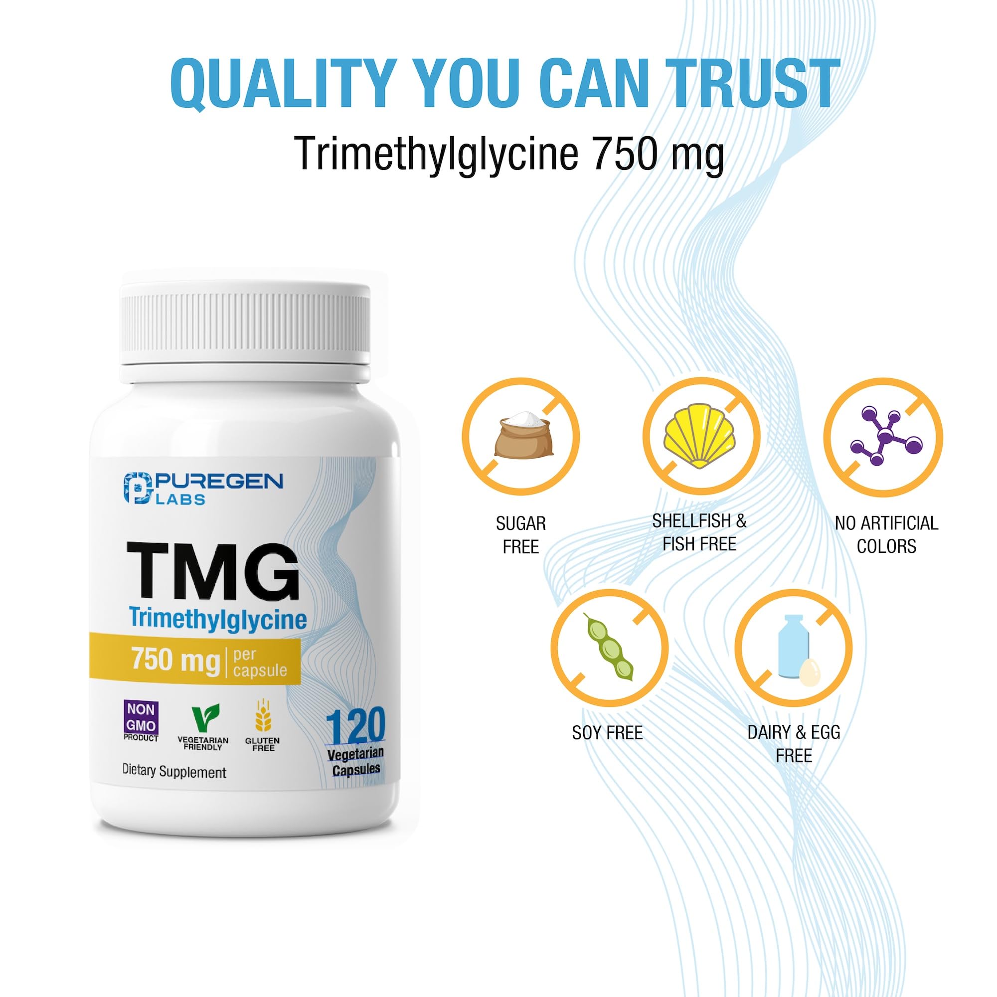 P Puregen Labs Trimethylglycine 750mg capsules on a white background