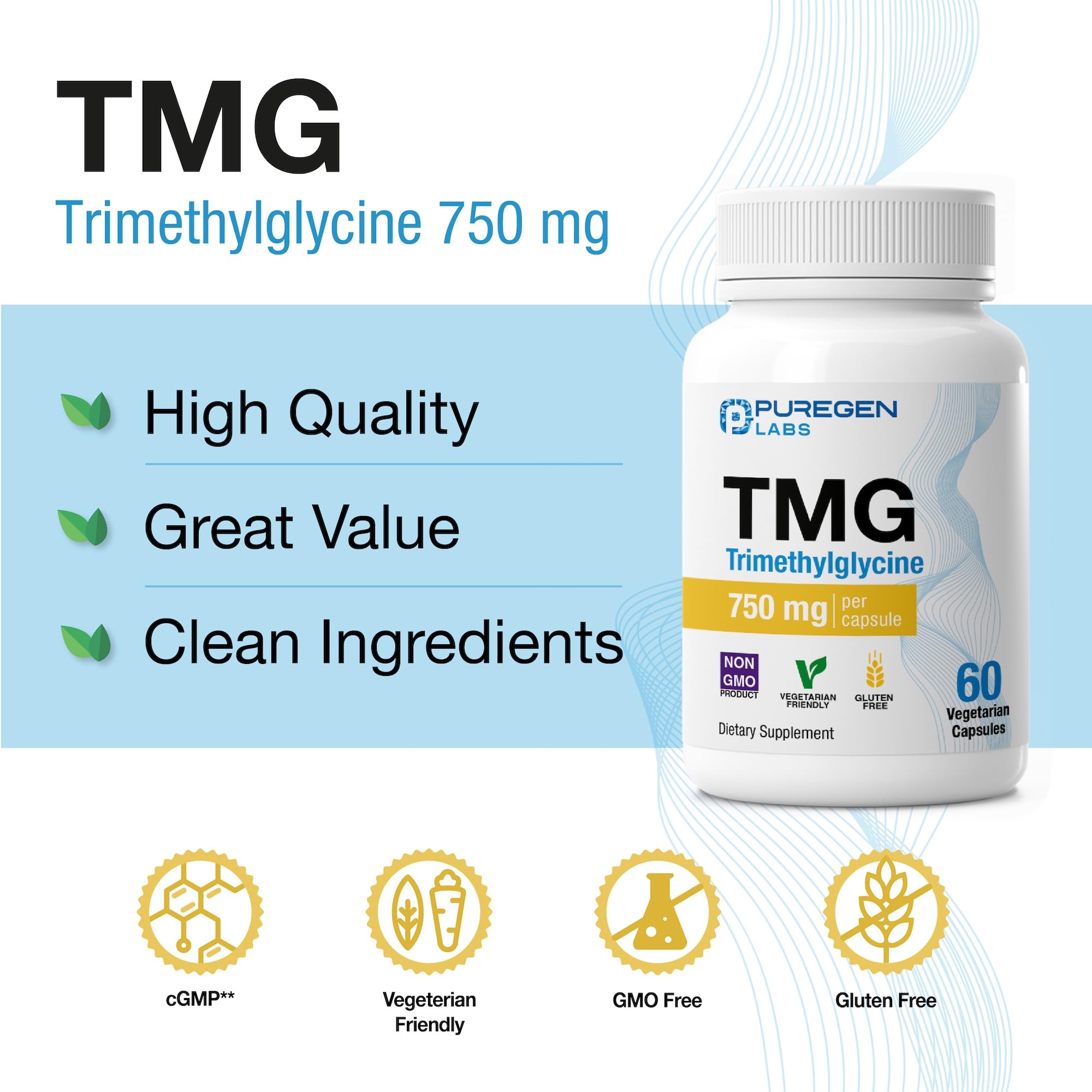 P Puregen Labs Trimethylglycine 750mg capsules with measuring spoon