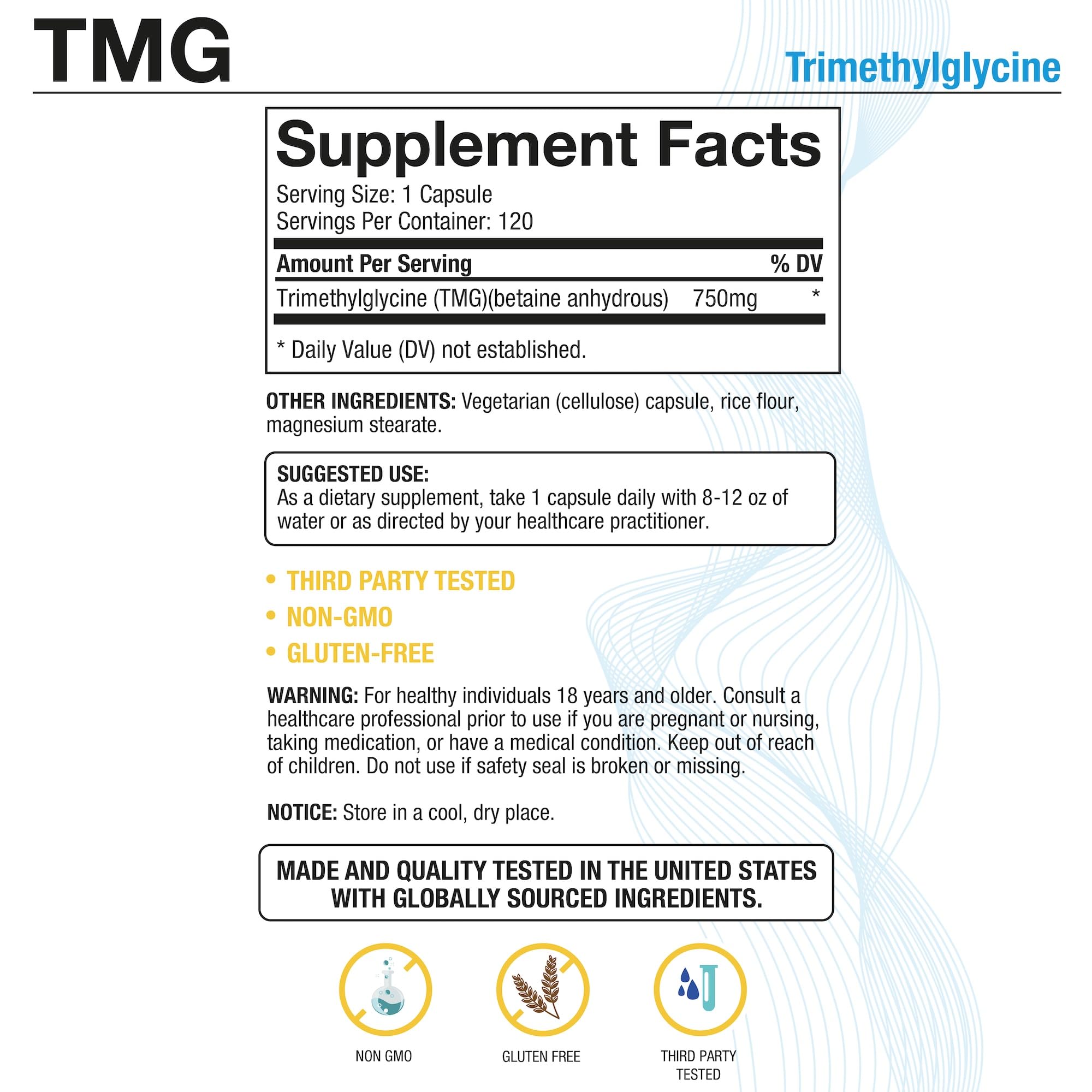 P Puregen Labs Trimethylglycine 750mg supplement side view
