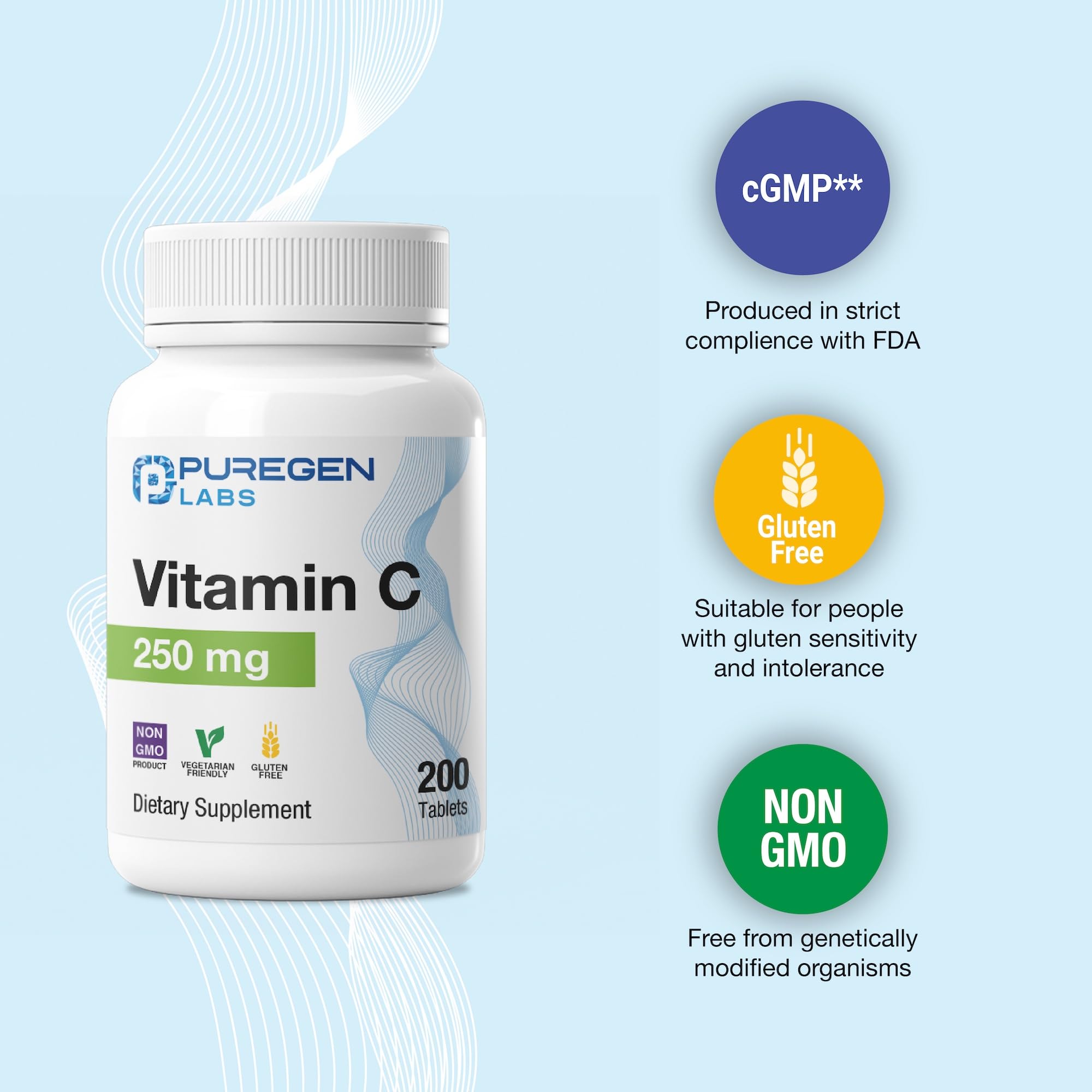 P Puregen Labs Vitamin C 250mg supplement with a glass of water