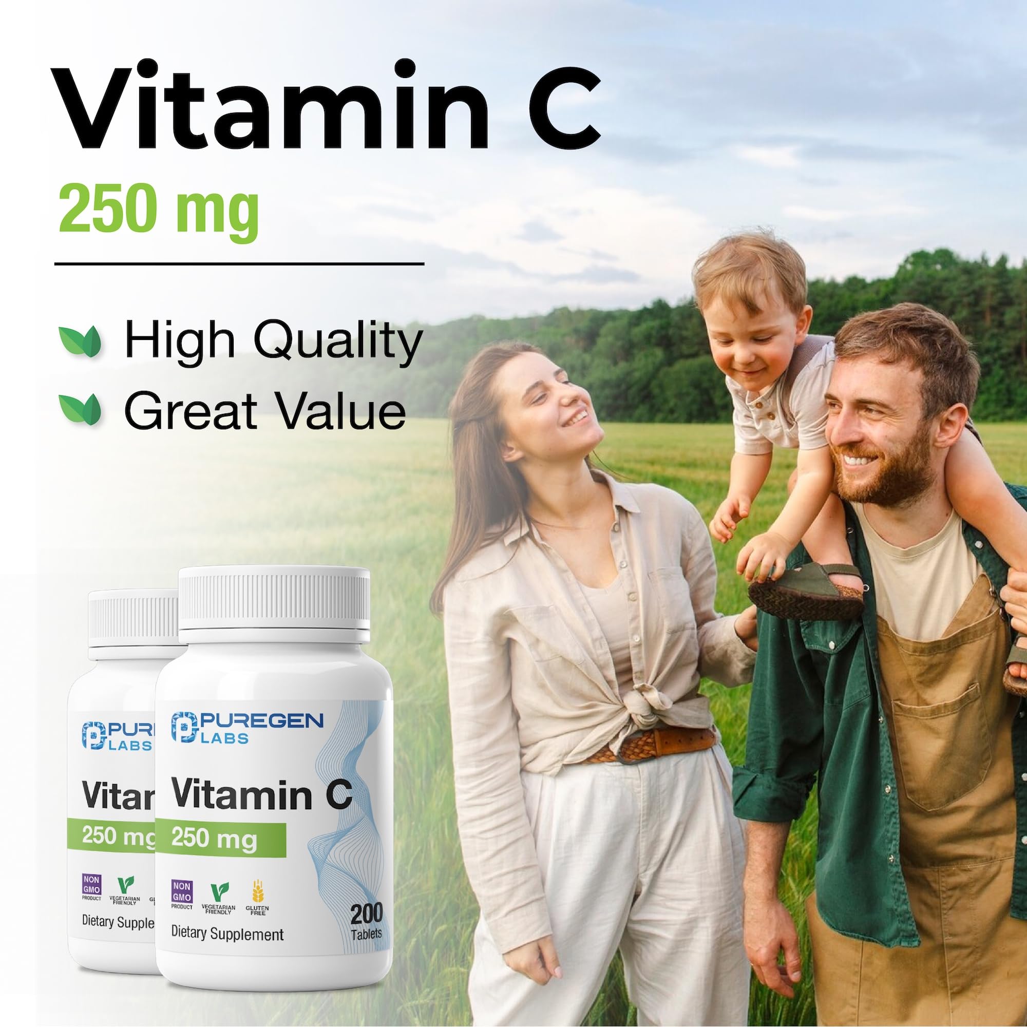 P Puregen Labs Vitamin C 250mg supplement with ingredients list
