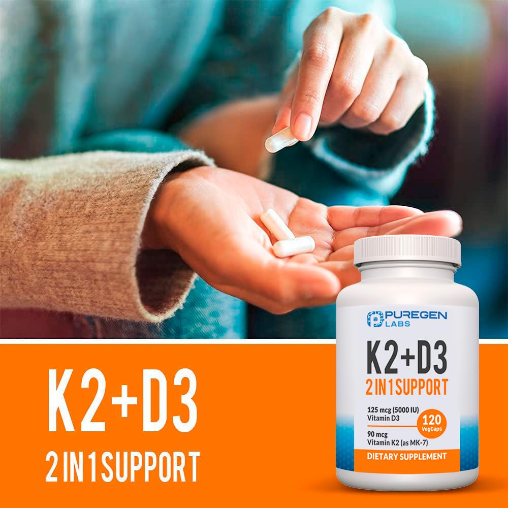 P Puregen Labs Vitamin D3 & K2 Capsules with dosage details