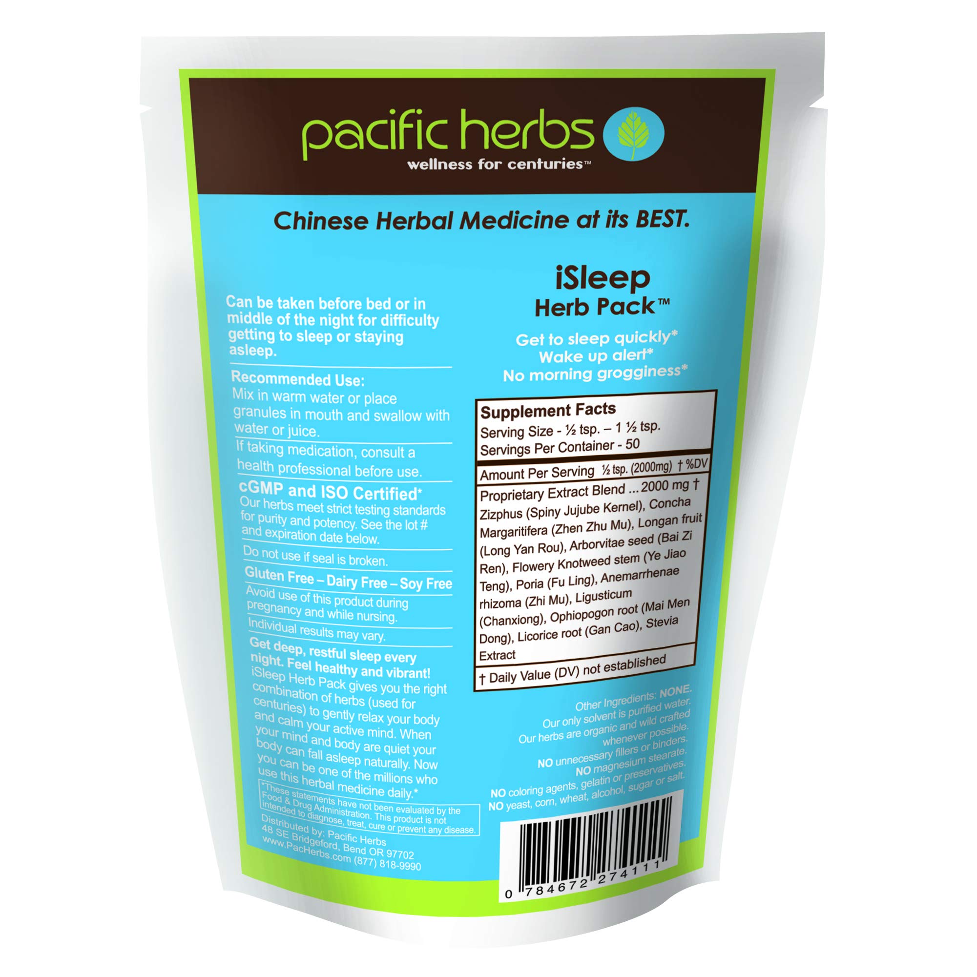 Pacific Herbs iSleep Herb Pack side view with granules