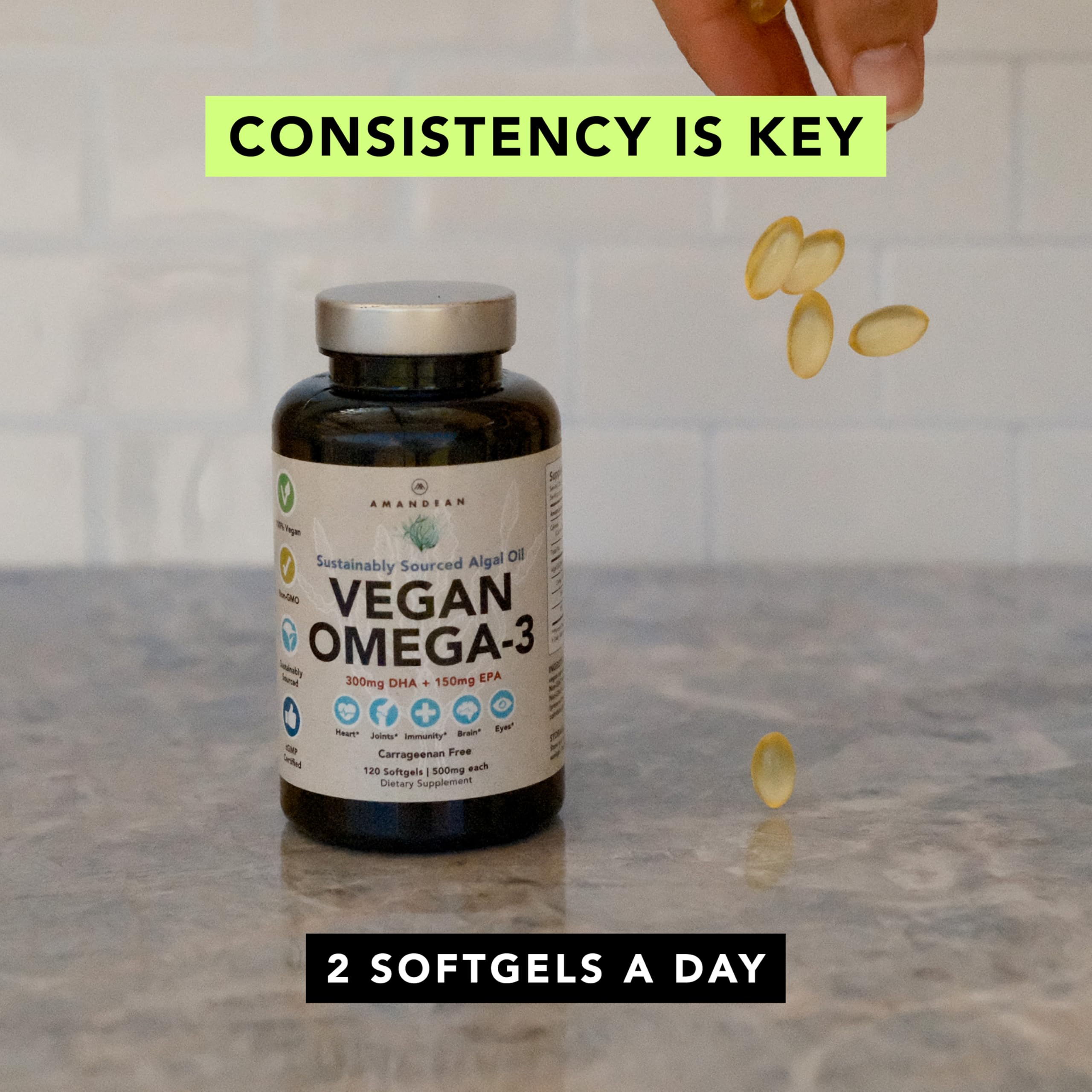Packaging of AMANDEAN Vegan Omega-3 Algal Oil Capsules