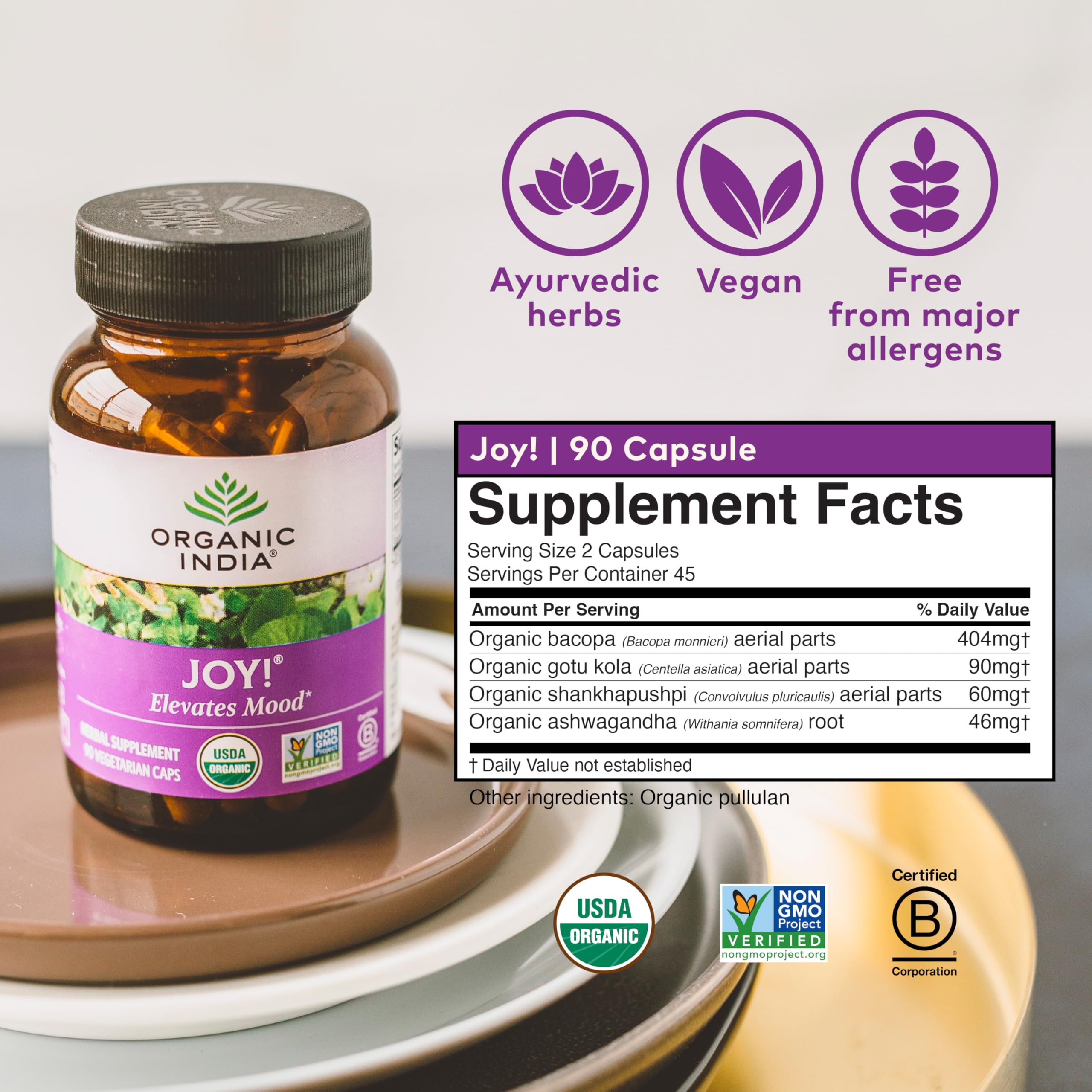 Packaging of ORGANIC INDIA Joy! Organic Bacopa Monnieri 90 Vcaps