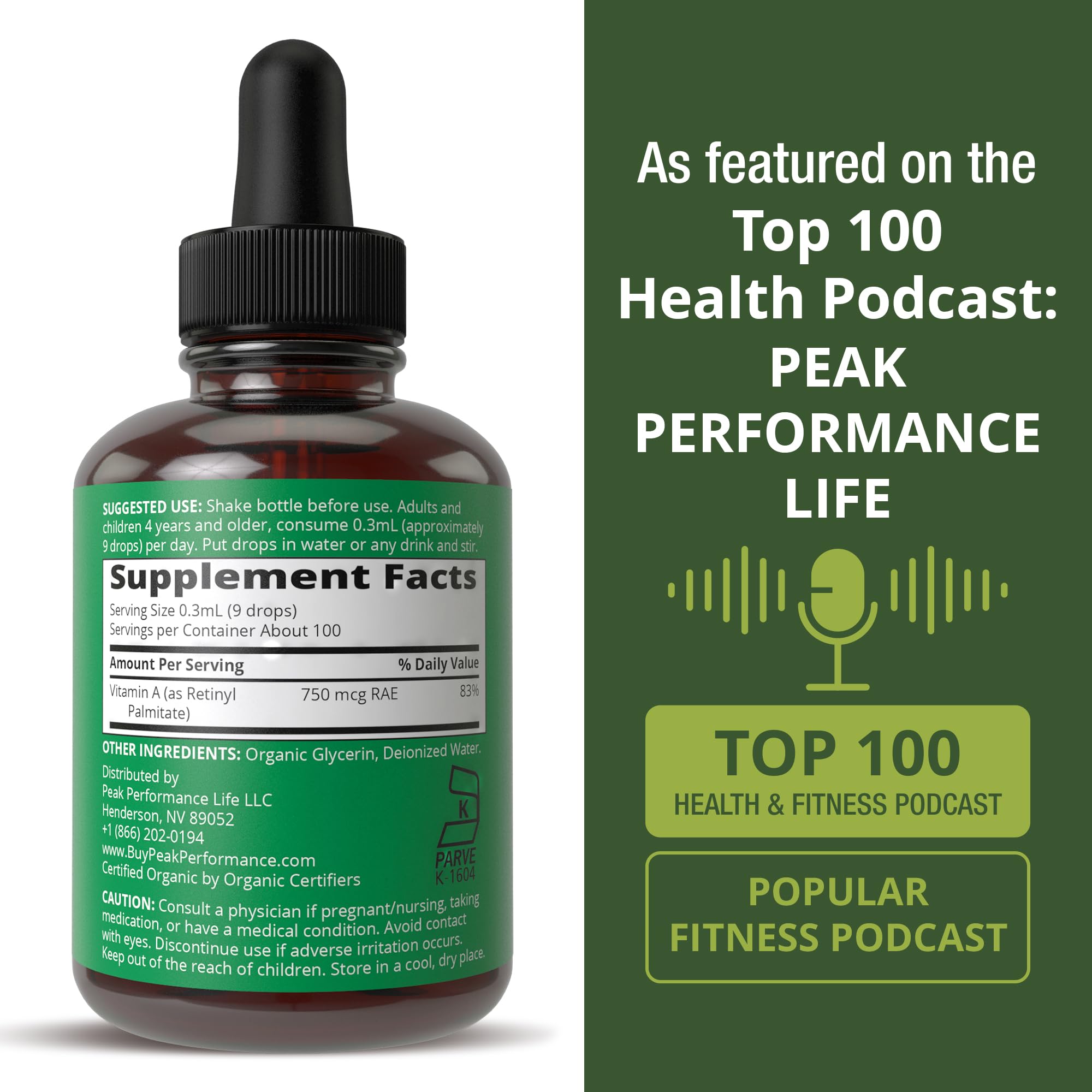 Packaging of Peak Performance Vitamin A Liquid Drops