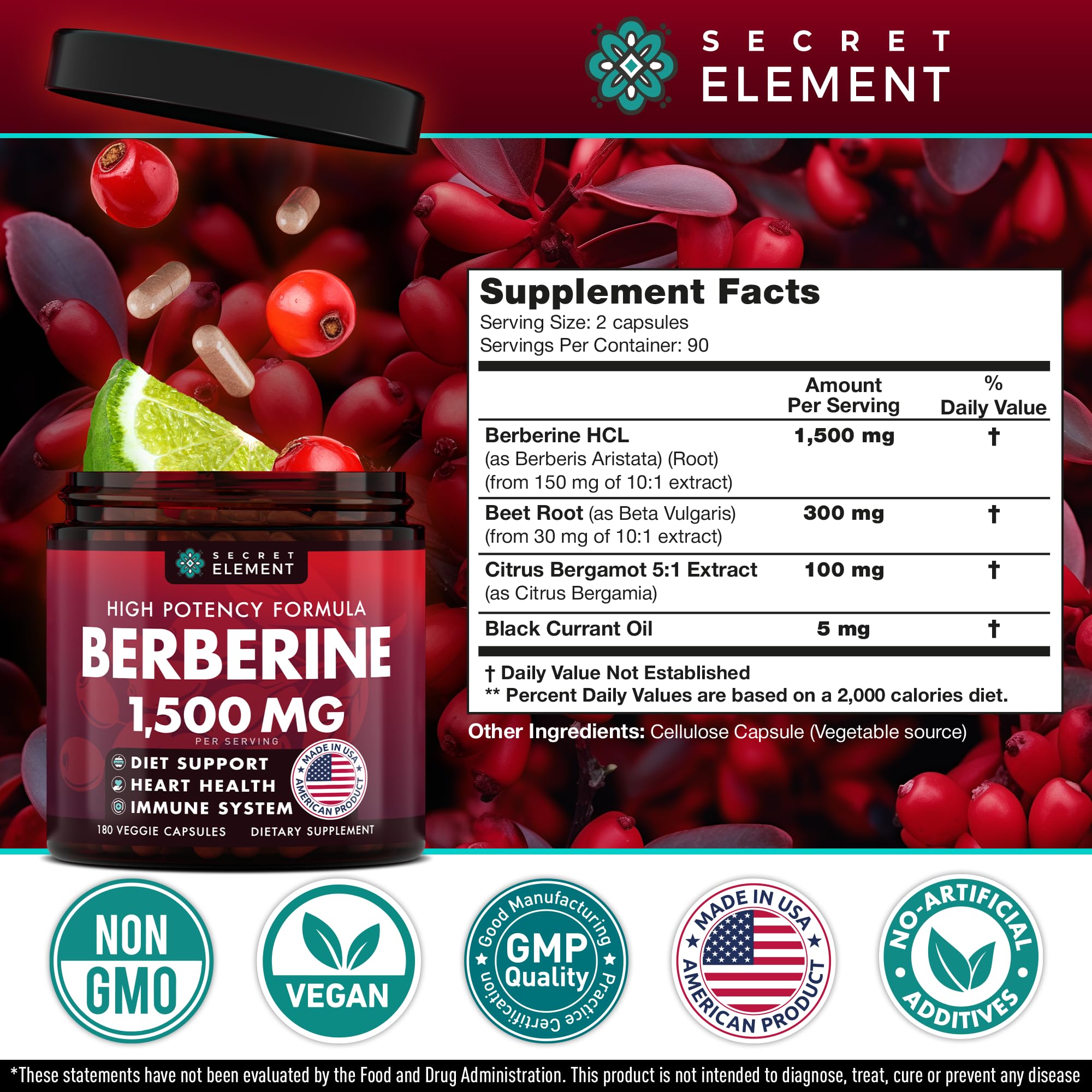 Packaging of Secret Element Black Currant Oil 1500mg vegan capsules
