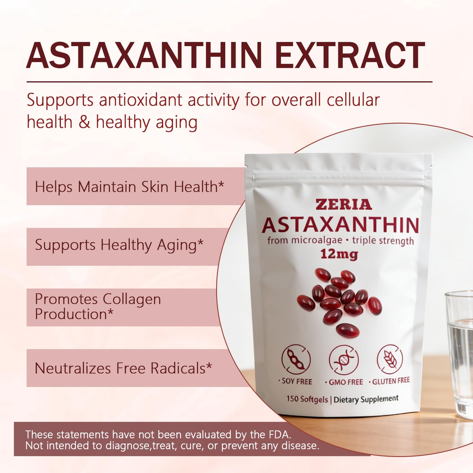 Packaging of ZERIA Astaxanthin Softgels on a wooden table