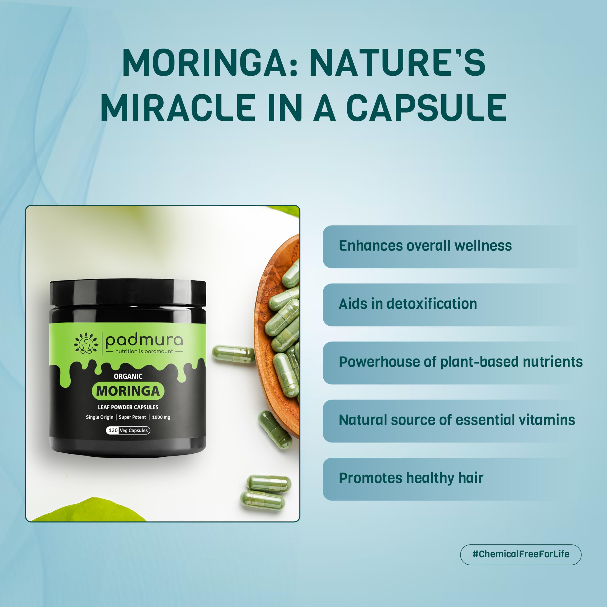 PADMURA Moringa Supplement back view with ingredient list