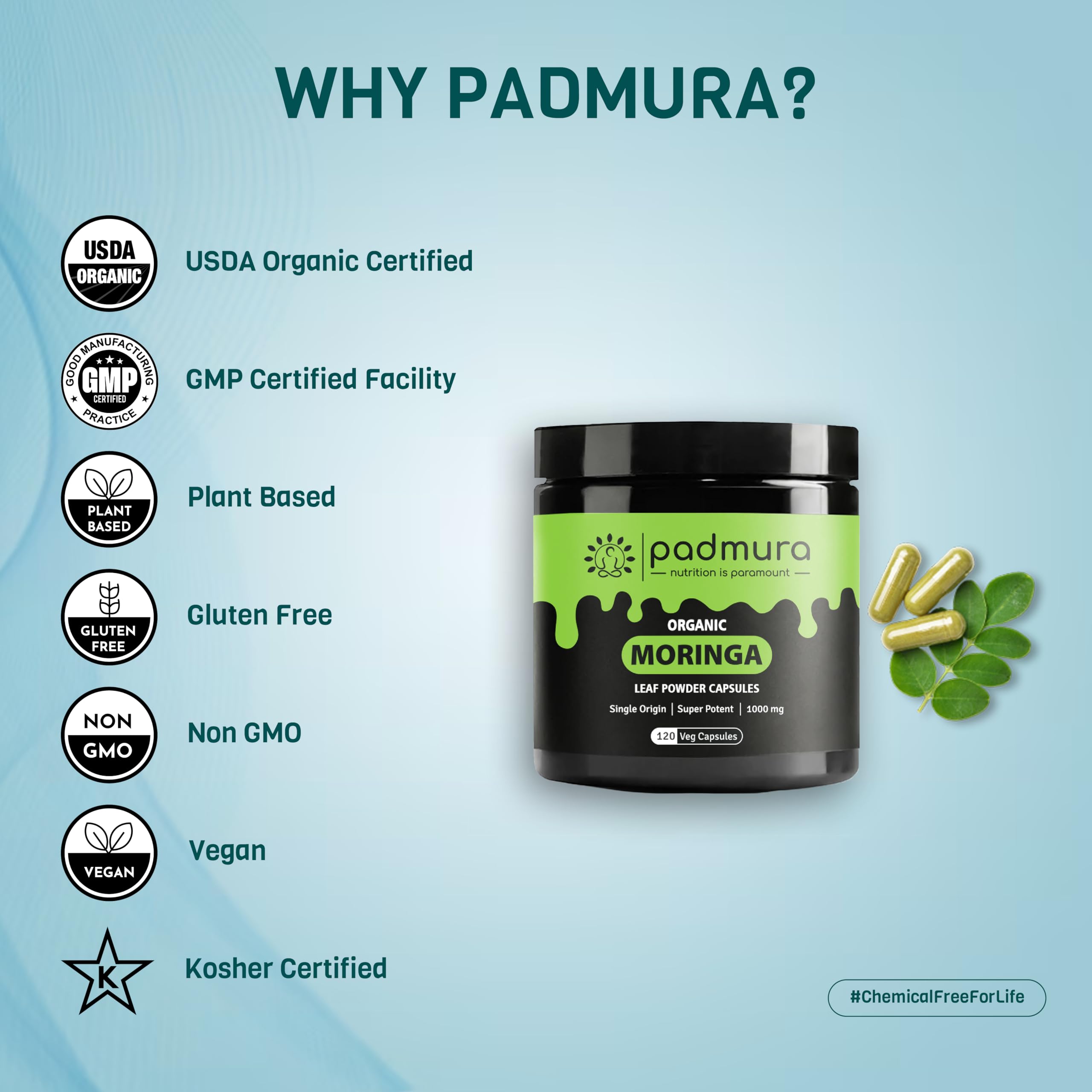 PADMURA Moringa Supplement opened bottle with capsules