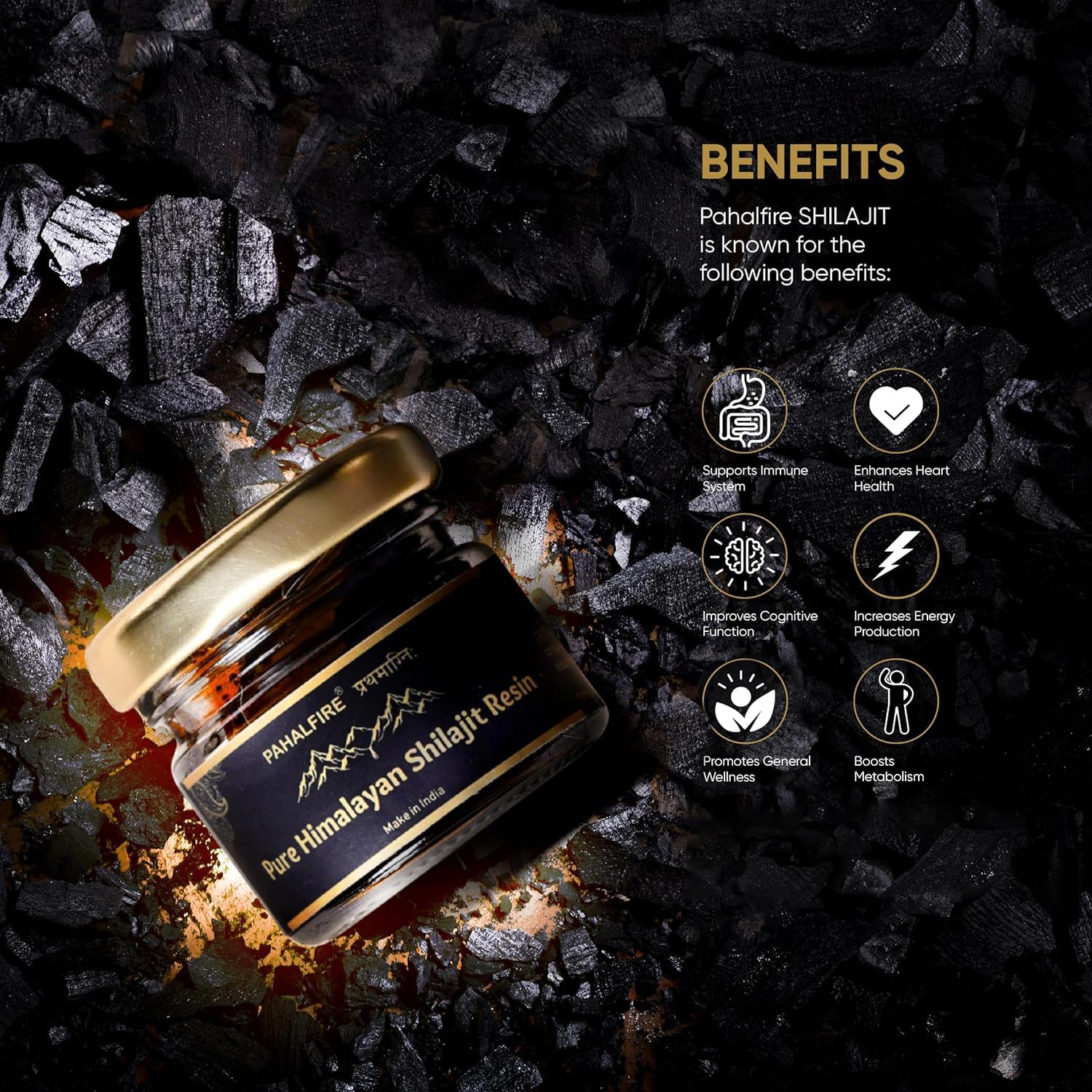 PahalFire Shilajit Gold-Grade Himalayan Resin 20g glass jar with copper spoon