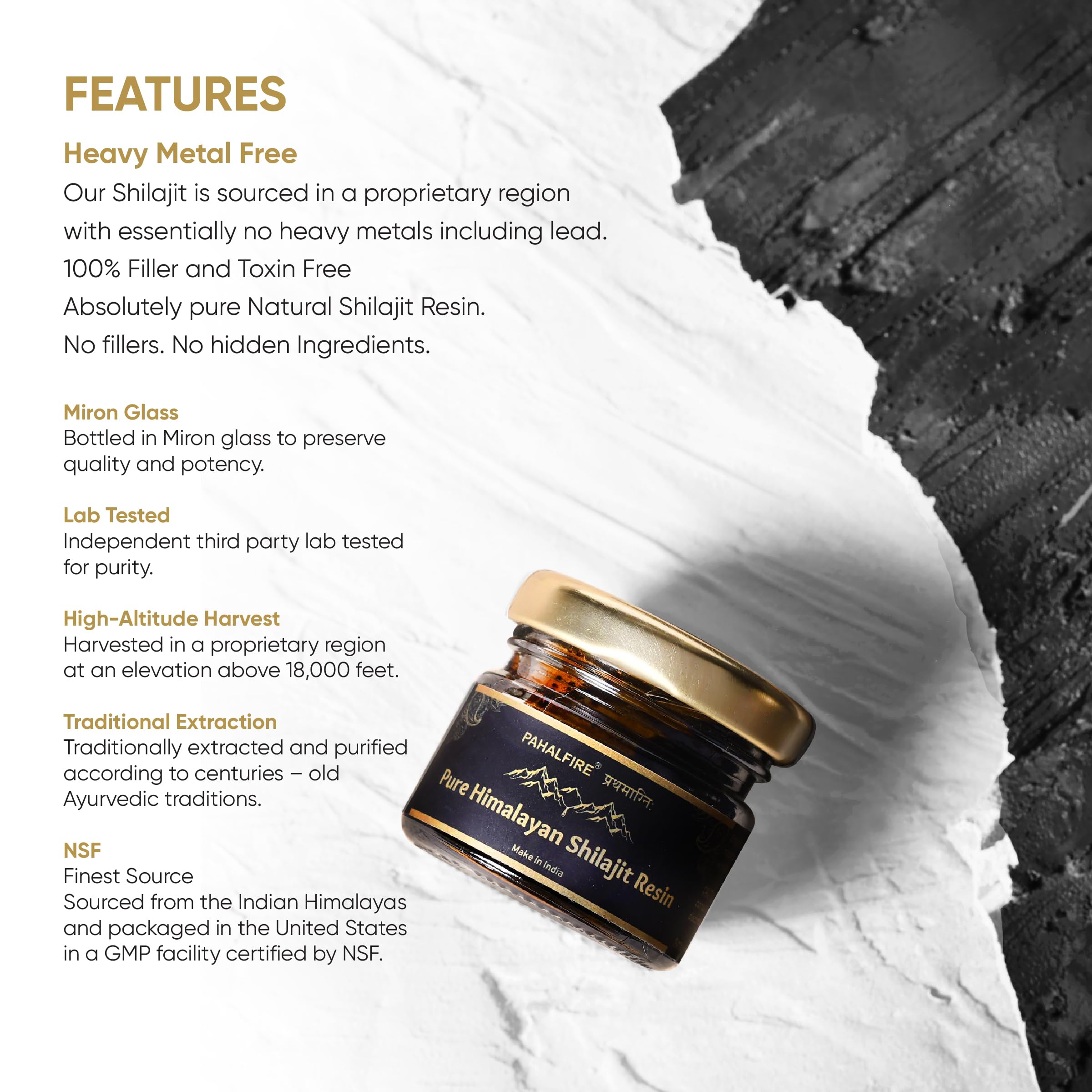 PahalFire Shilajit Gold-Grade Himalayan Resin 20g jar with spoon on a wooden surface