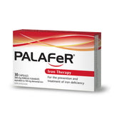 Palafer Iron Supplement Capsules on a wooden table with natural lighting