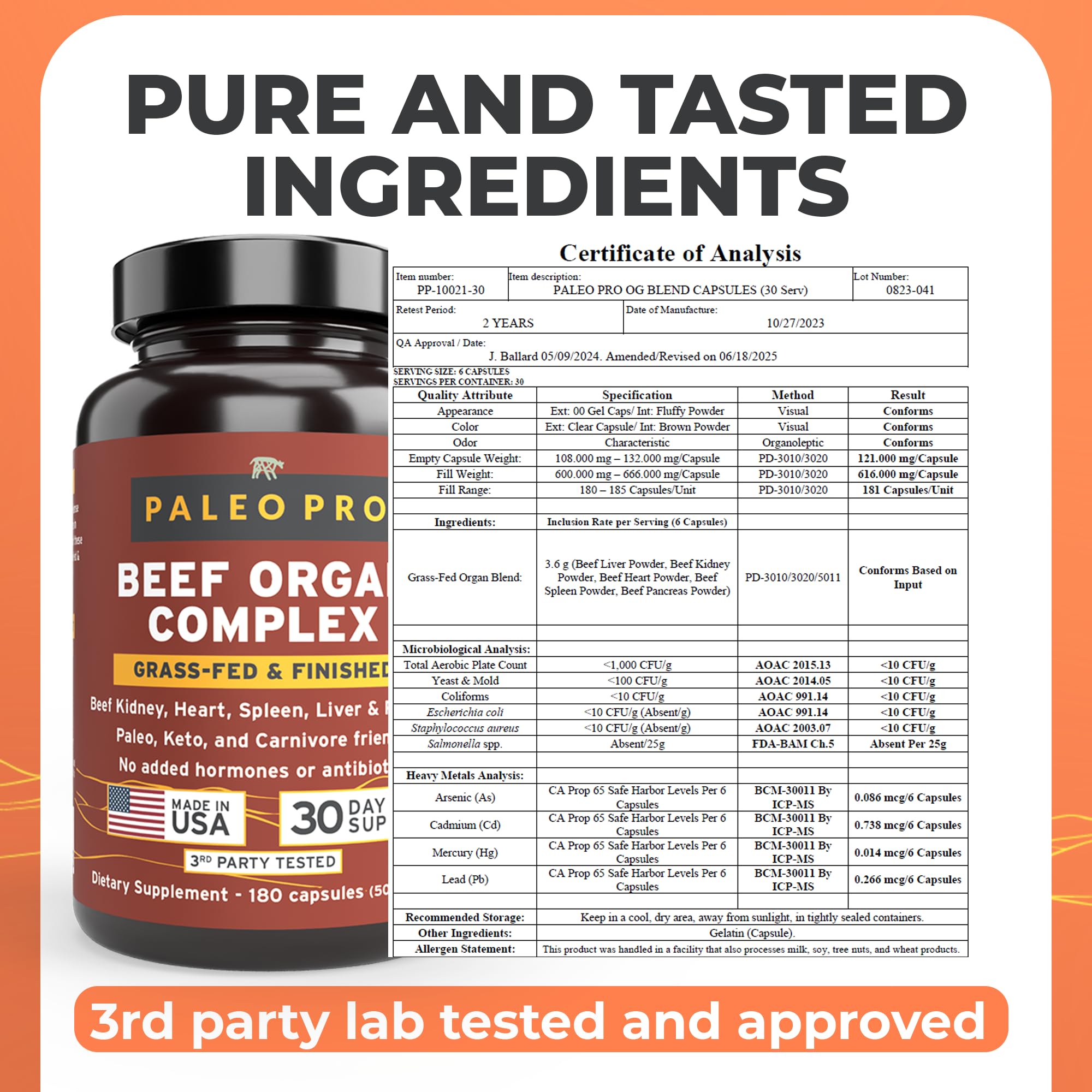Paleo Pro Beef Organs Capsules back view with ingredient list