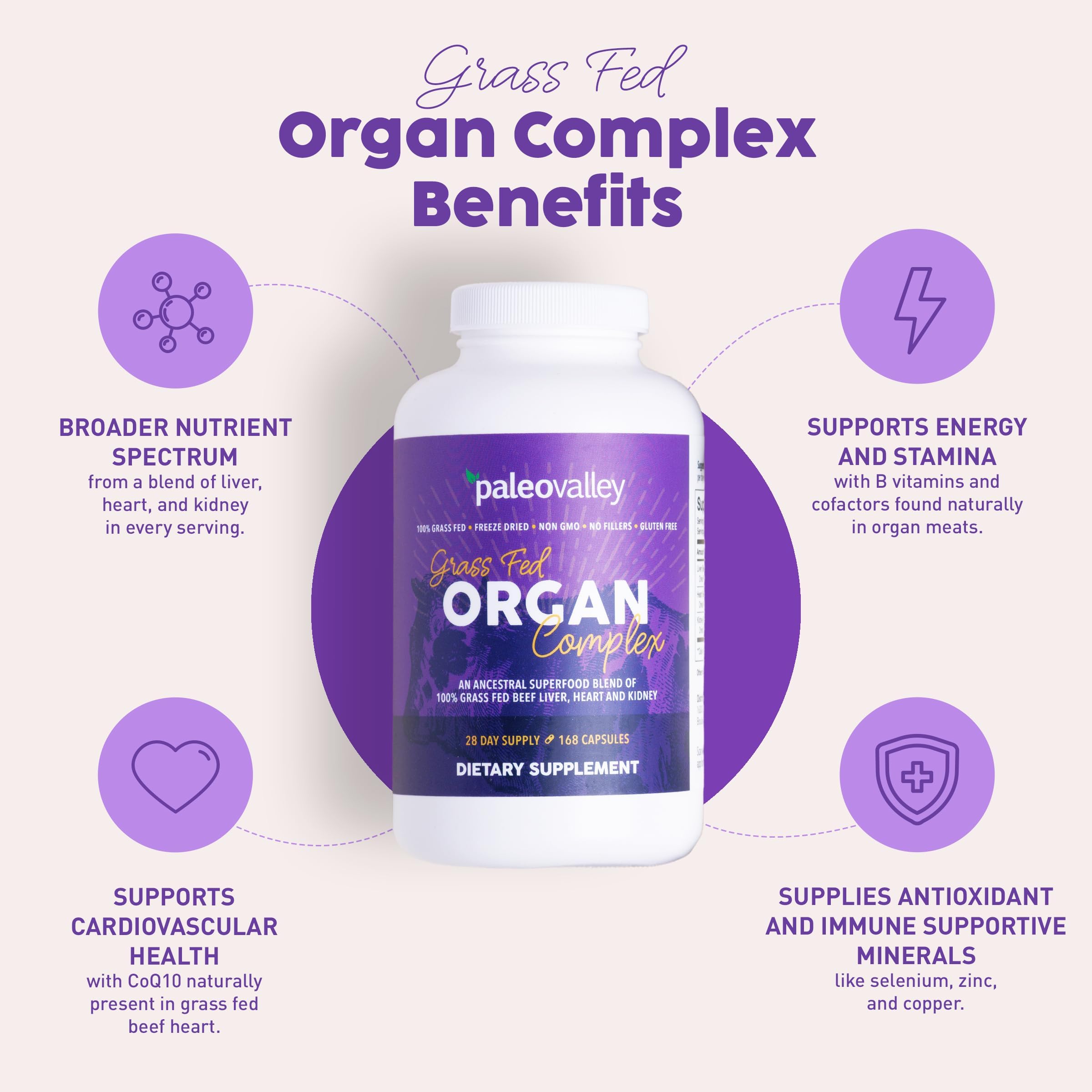 Paleovalley Grass-Fed Organ Complex capsules in a clear bottle
