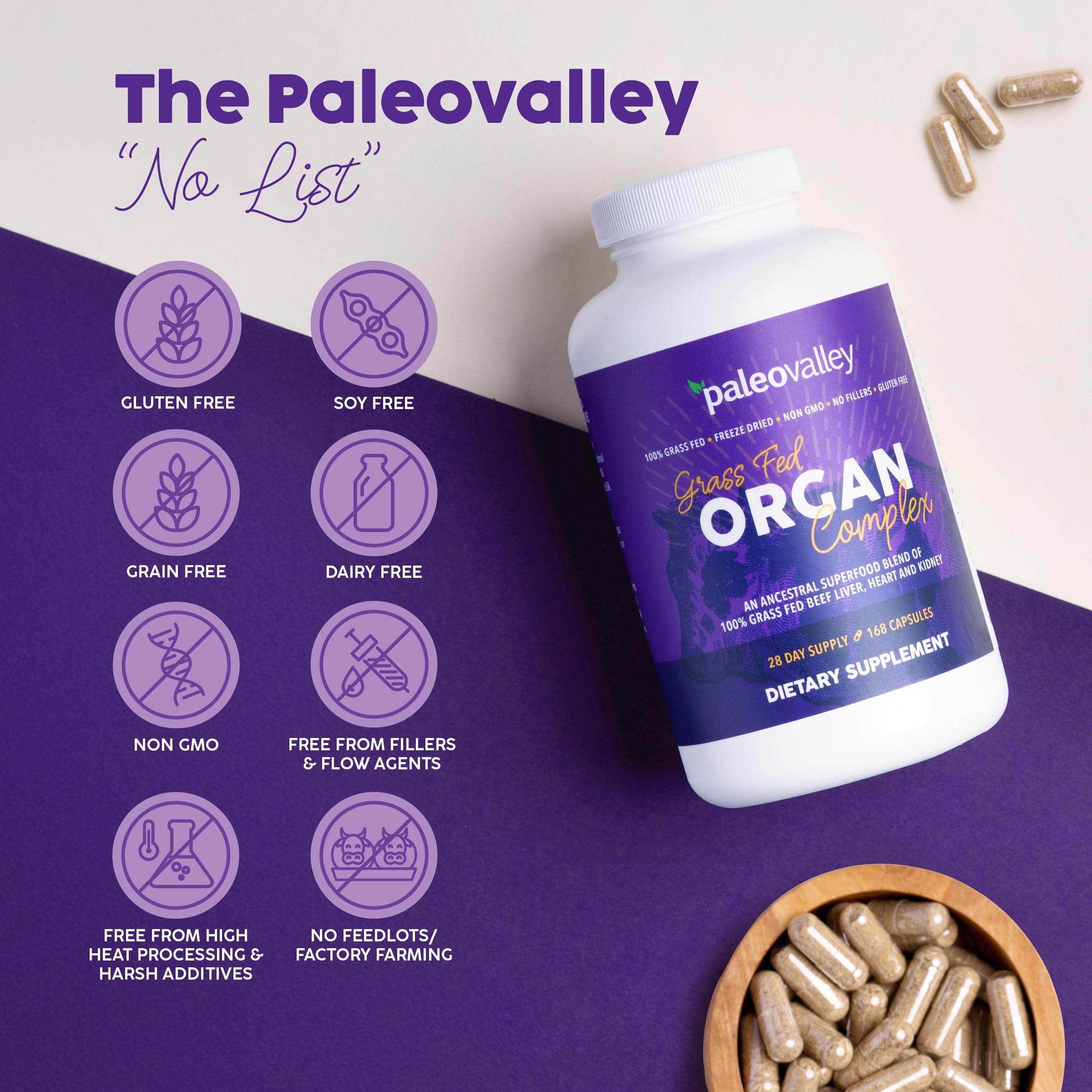 Paleovalley Grass-Fed Organ Complex lifestyle scene with healthy foods