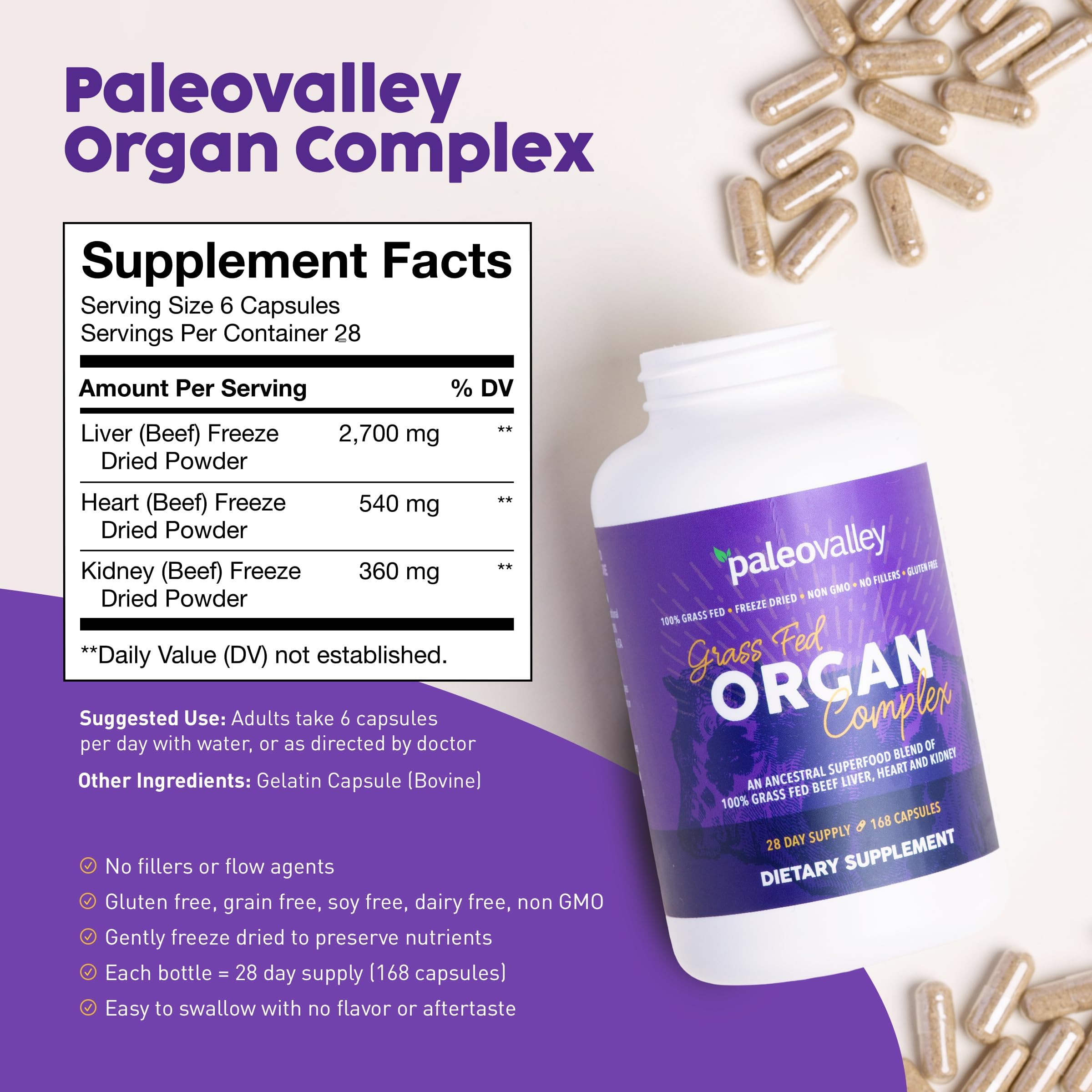 Paleovalley Grass-Fed Organ Complex side view with nutritional information