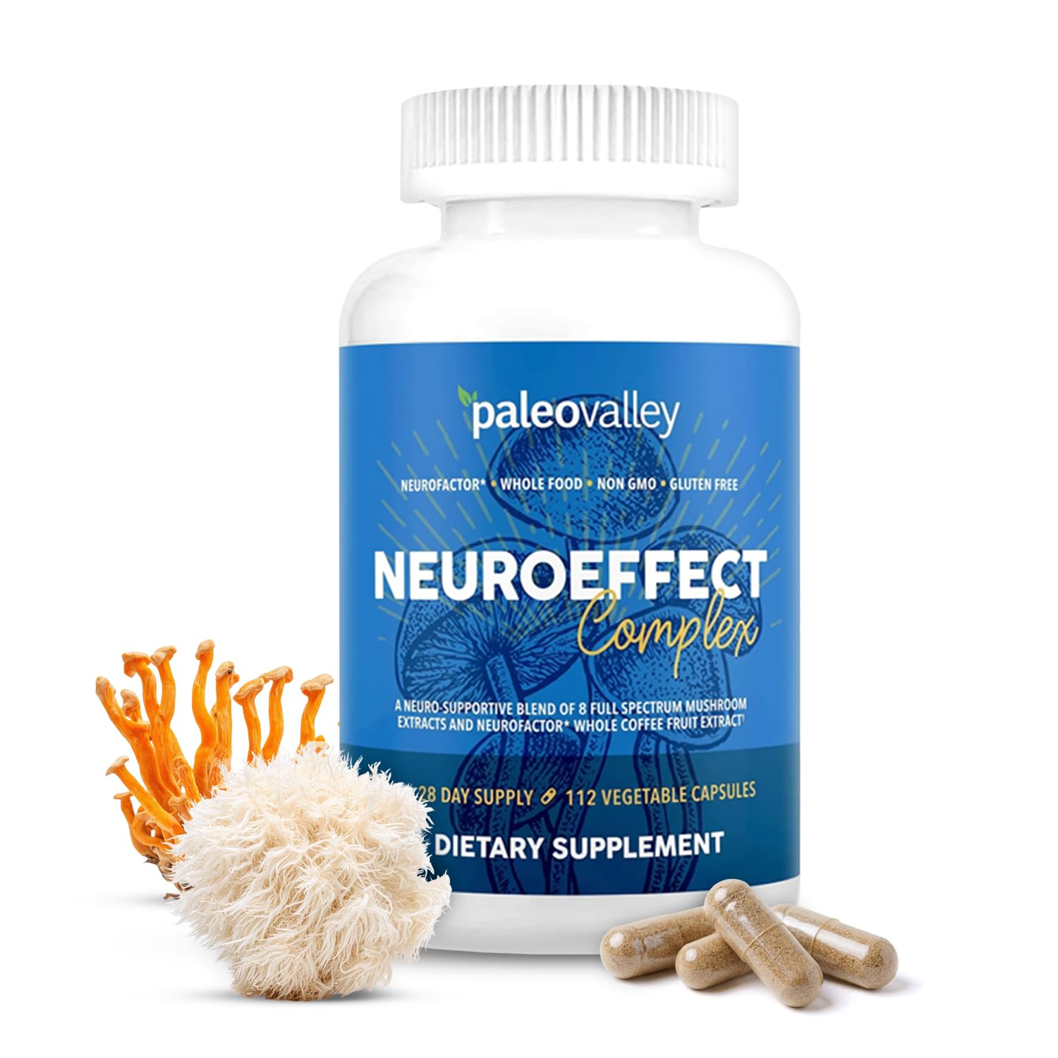 Paleovalley Organic Mushroom Supplement front view with capsules