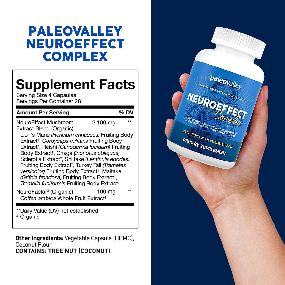 Paleovalley Organic Mushroom Supplement side view showing capsule details