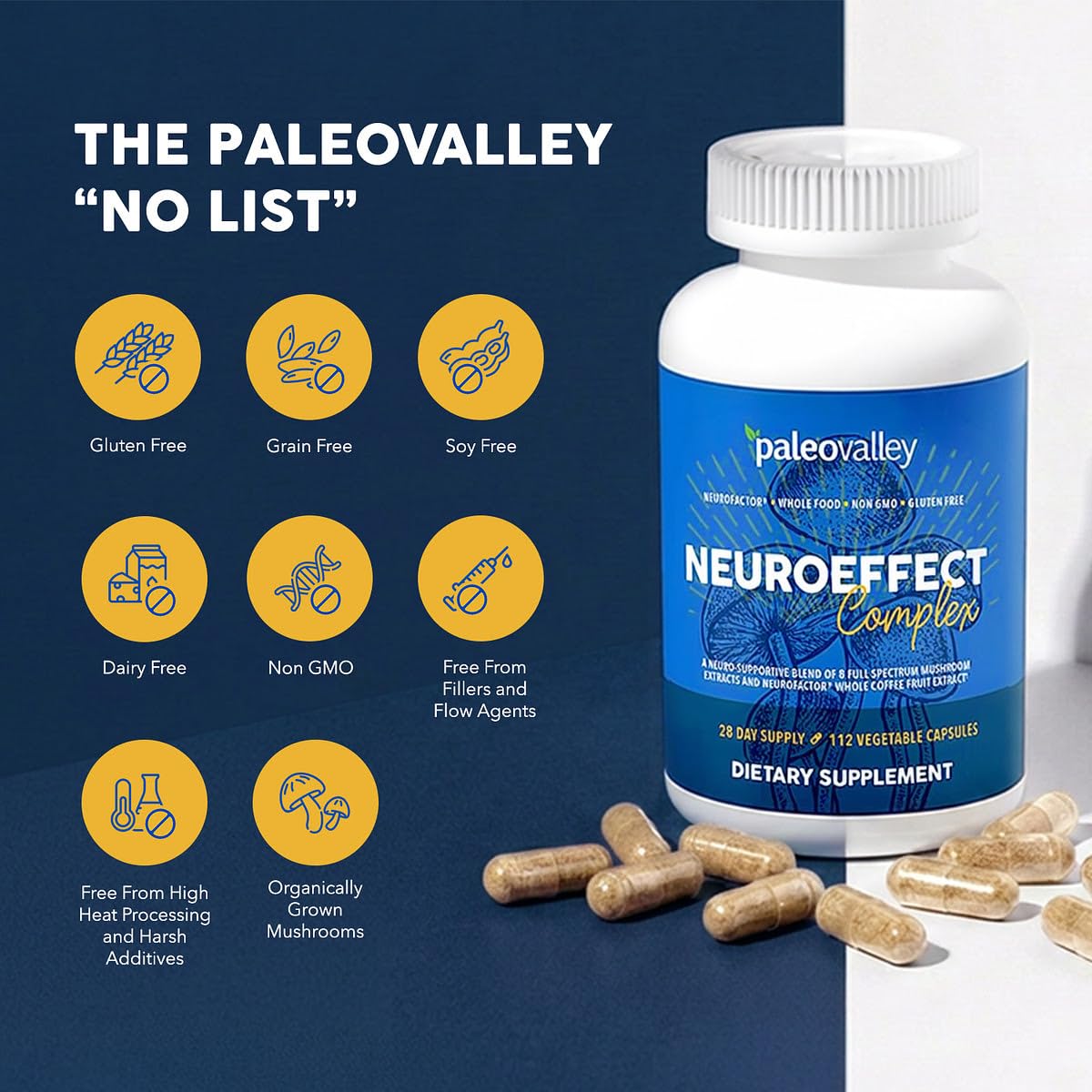 Paleovalley Organic Mushroom Supplement with mushrooms in background