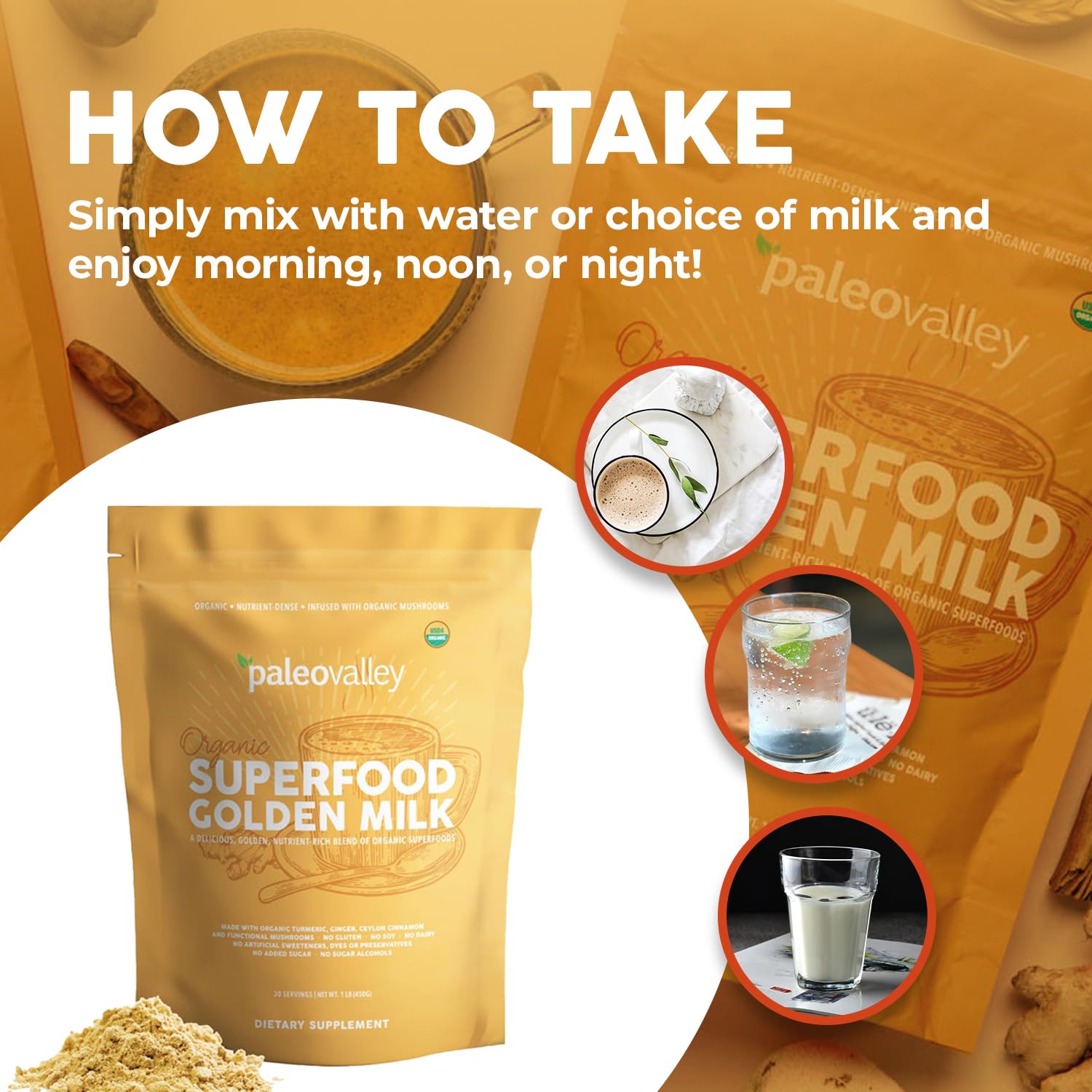 Paleovalley Superfood Golden Milk 440g lifestyle scene with a cup