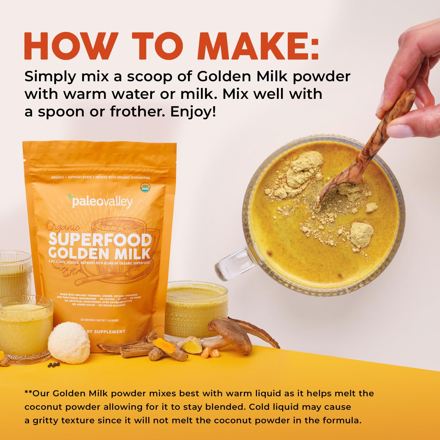 Paleovalley Superfood Golden Milk 440g on a kitchen counter