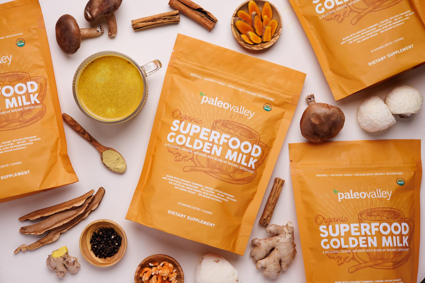 Paleovalley Superfood Golden Milk 440g opened packaging with powder