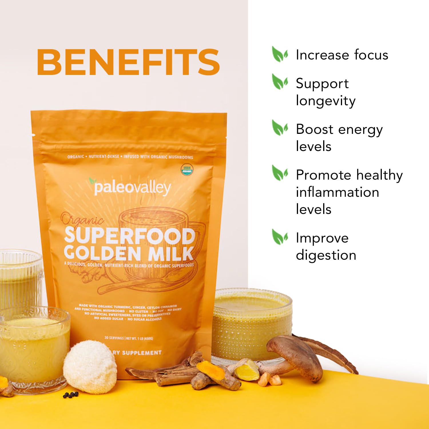 Paleovalley Superfood Golden Milk 440g side view showing nutritional information
