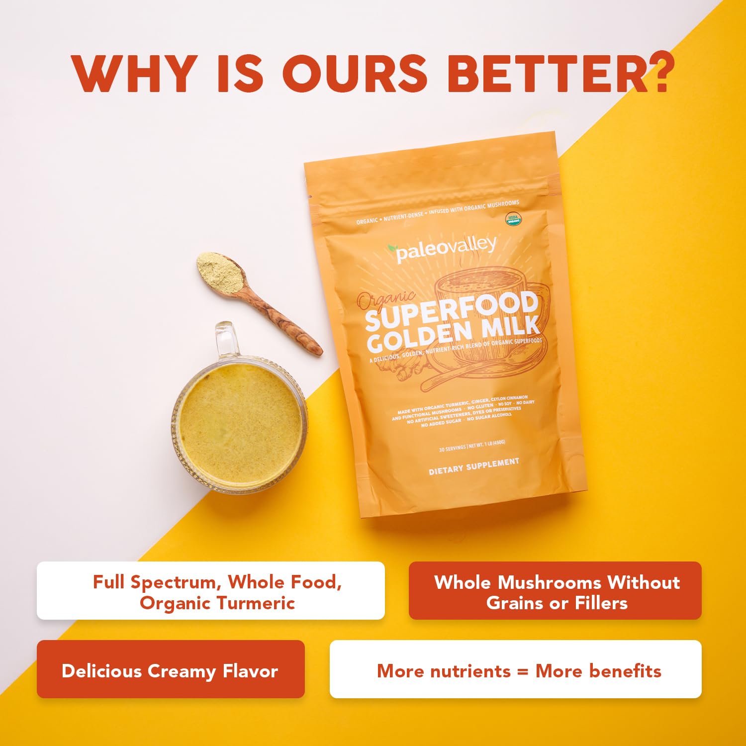 Paleovalley Superfood Golden Milk 440g with ingredients displayed