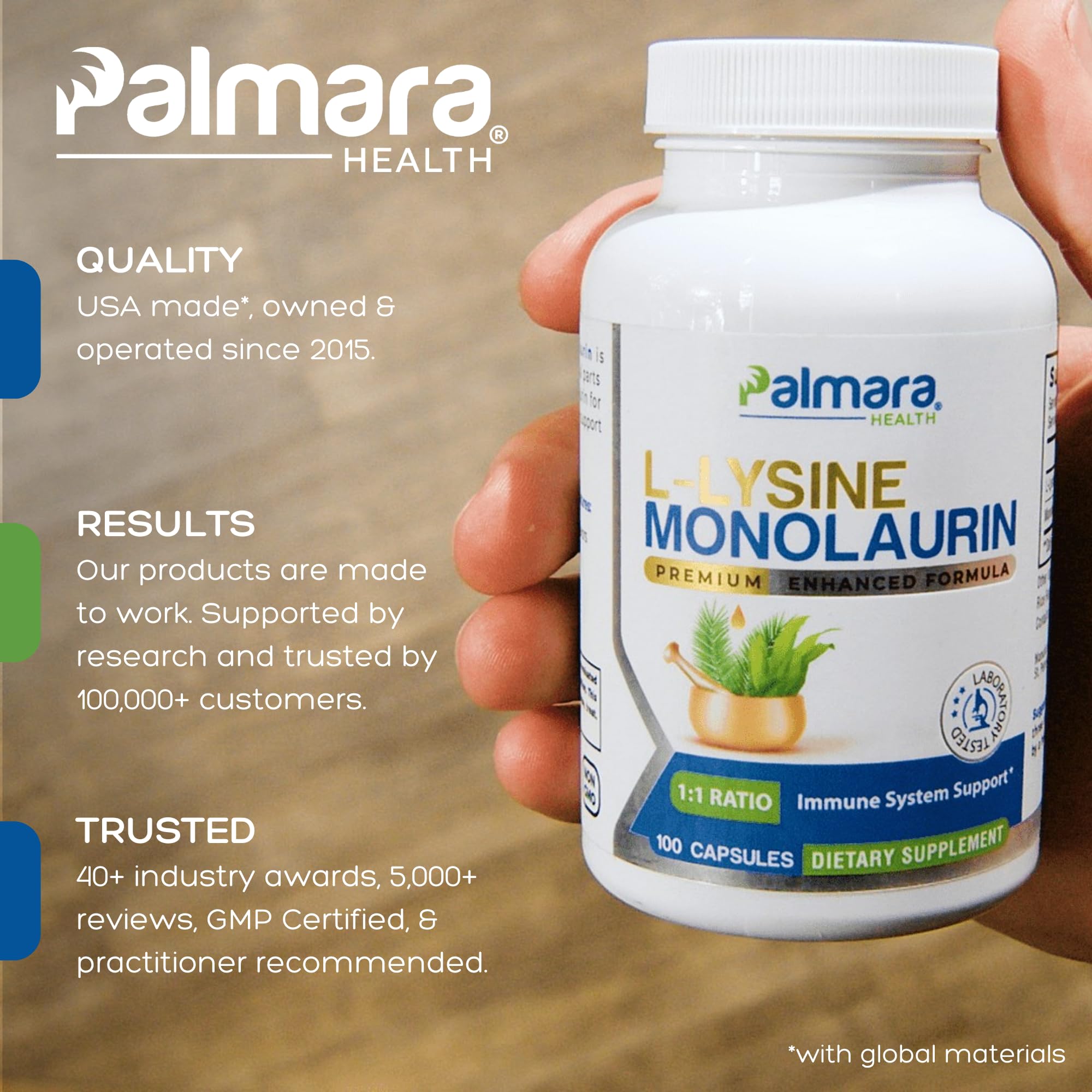 Palmara Health L-Lysine with Monolaurin bottle side view