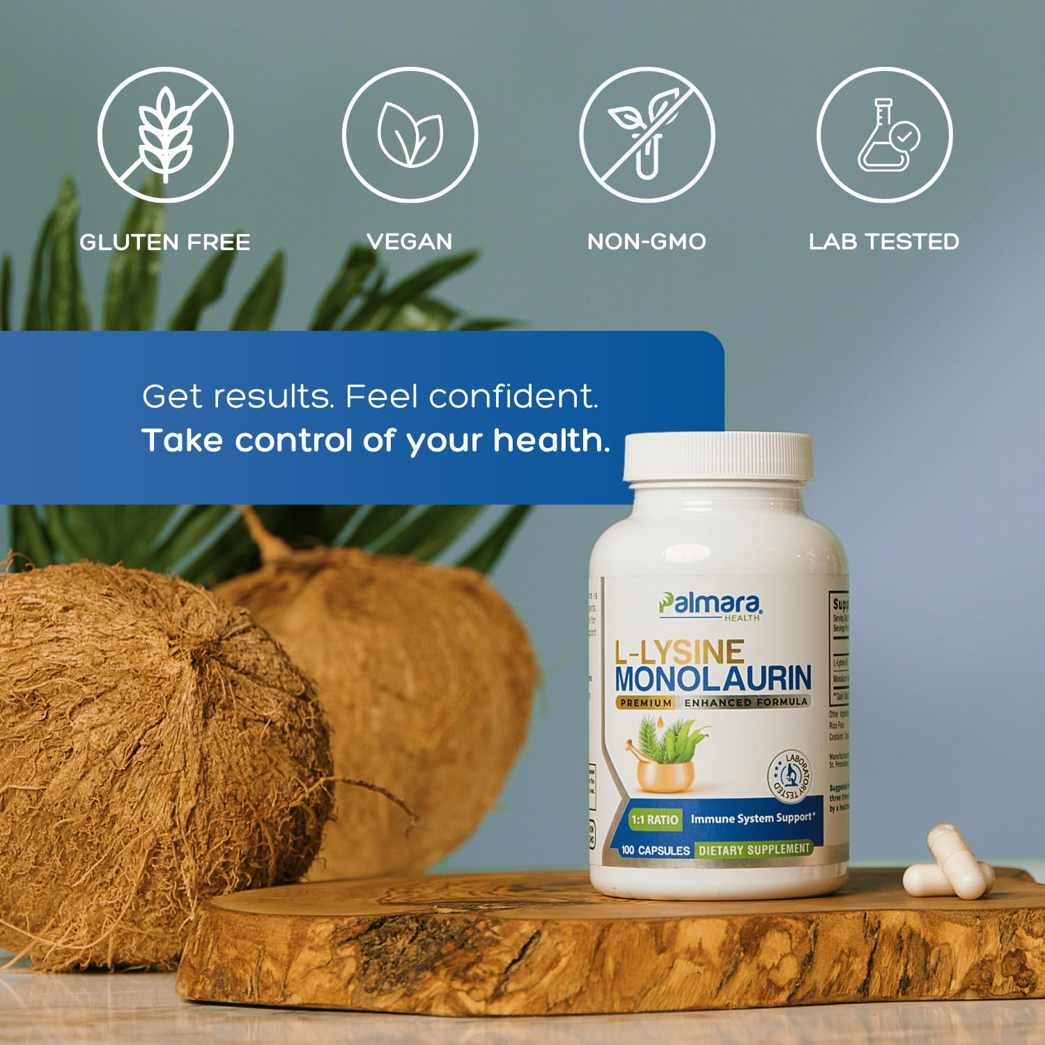 Palmara Health L-Lysine with Monolaurin capsules bottle with label