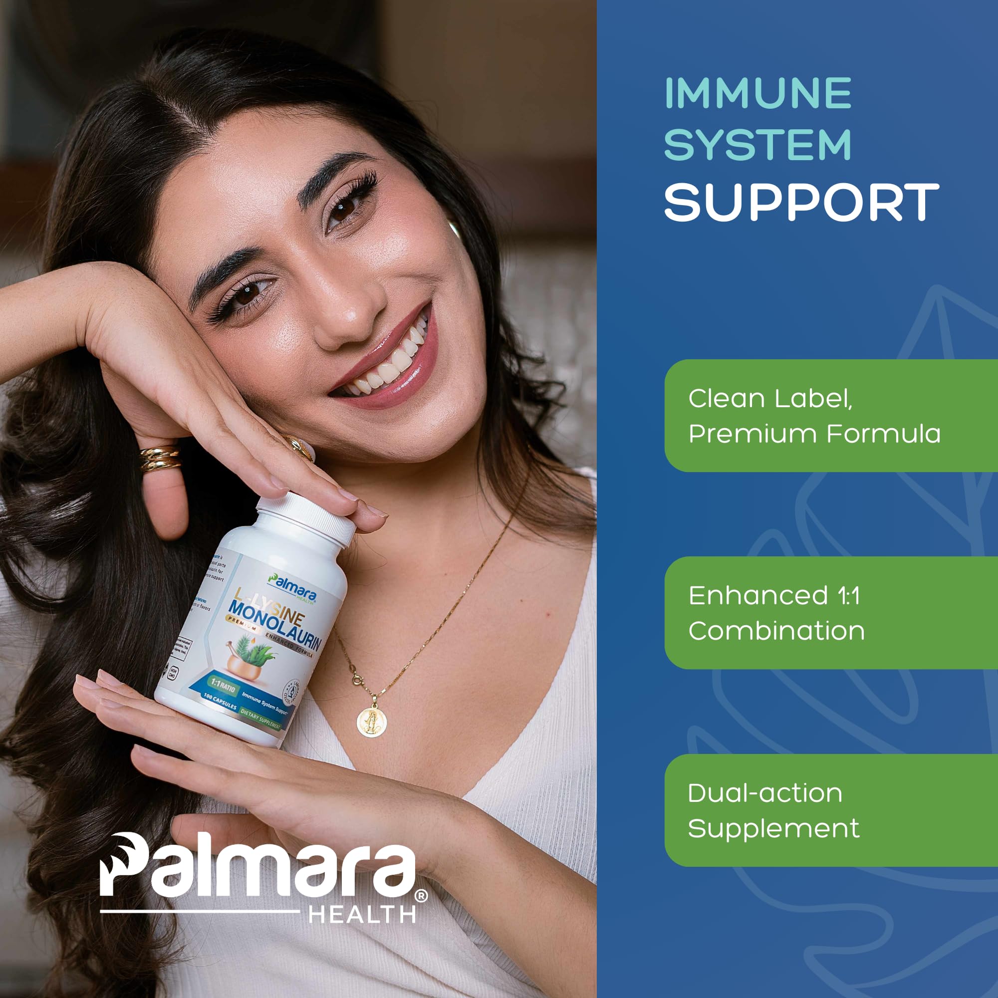 Palmara Health L-Lysine with Monolaurin capsules on a wooden table