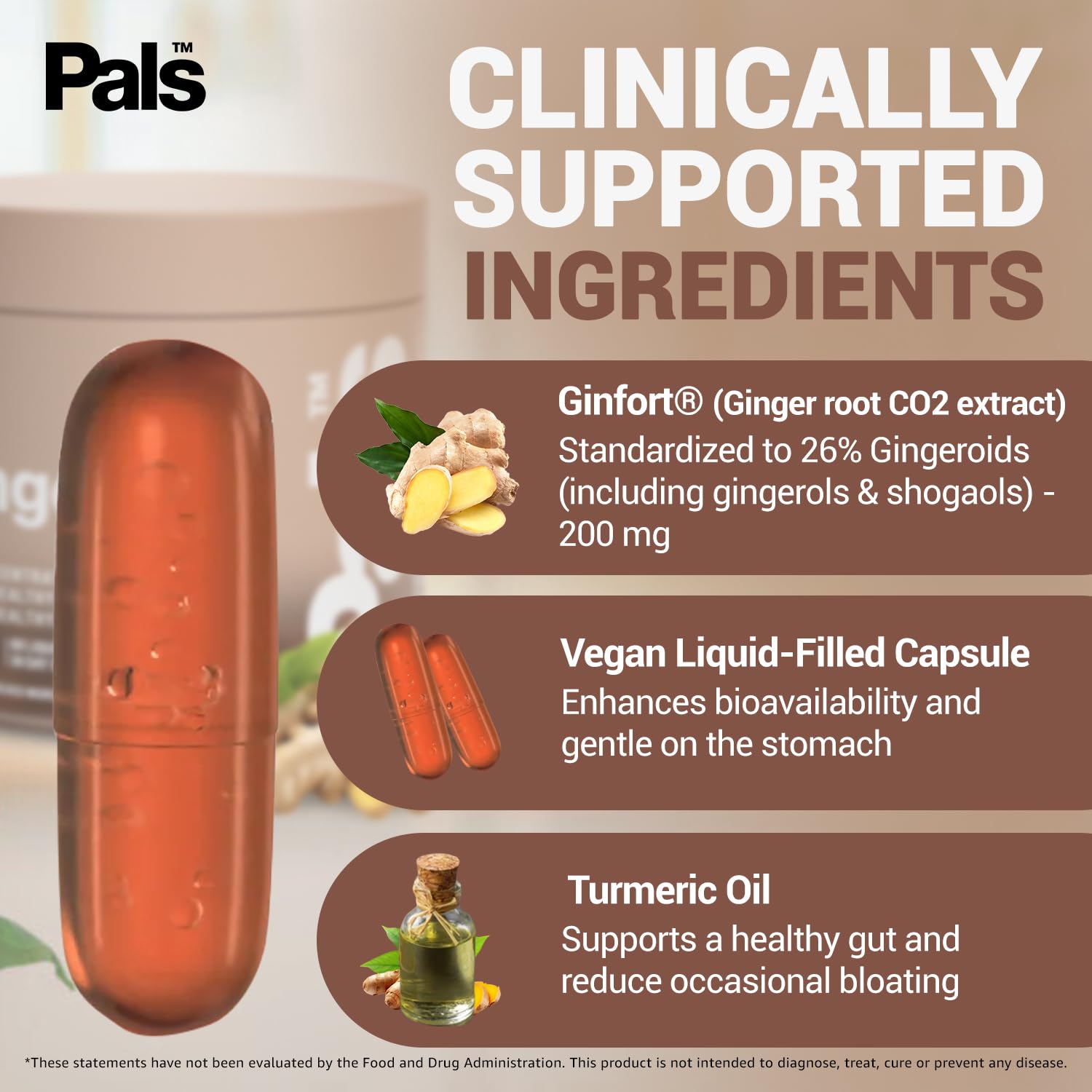 PALS Ginger Extract Capsules displayed on a wooden table