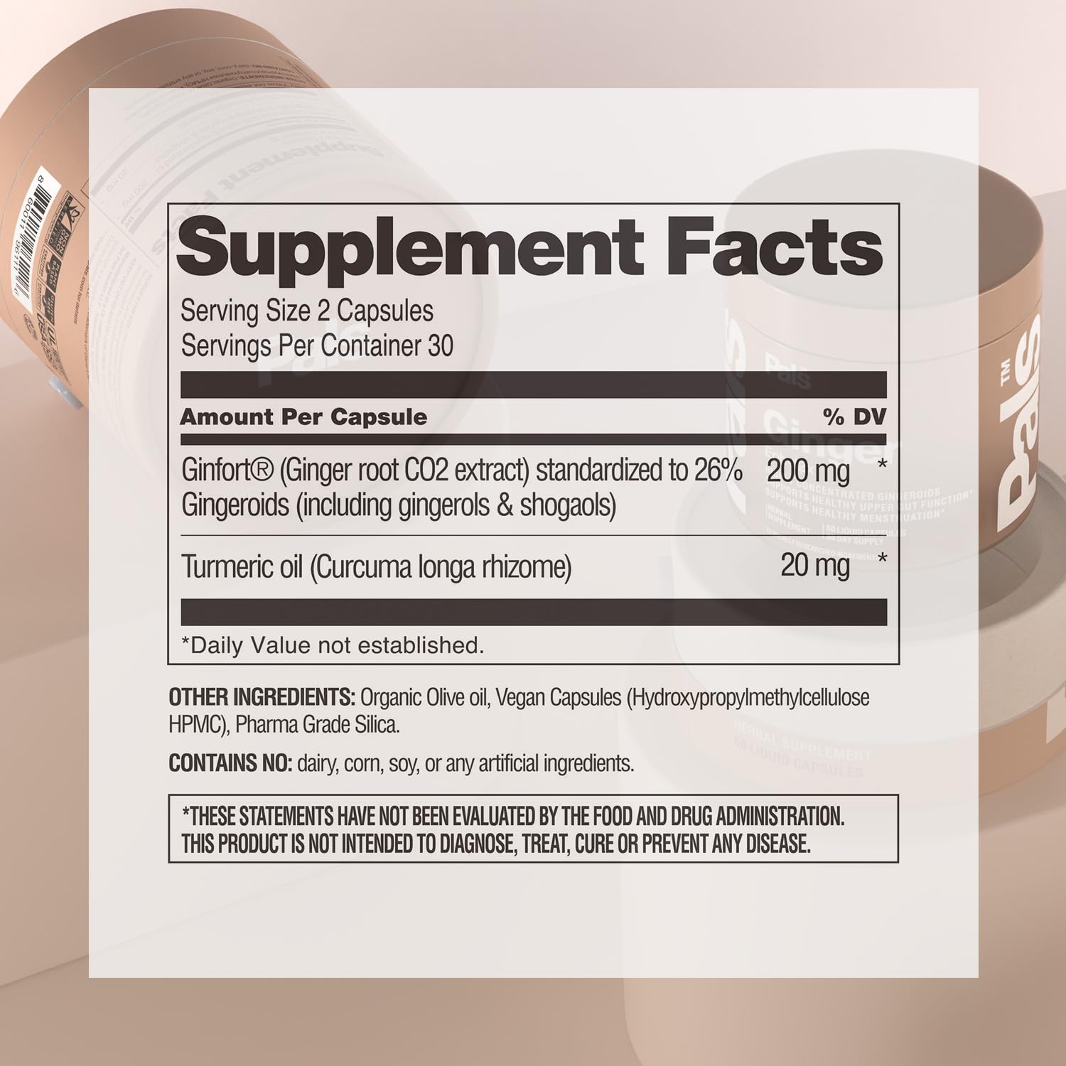 PALS Ginger Extract Capsules side view showing dosage information