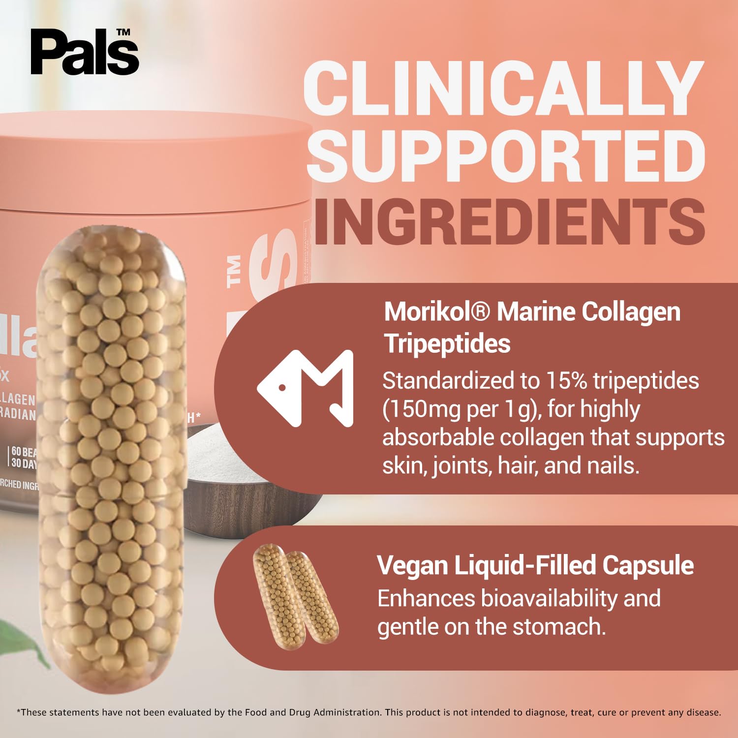 PALS Marine Collagen Capsules displayed on a wooden surface