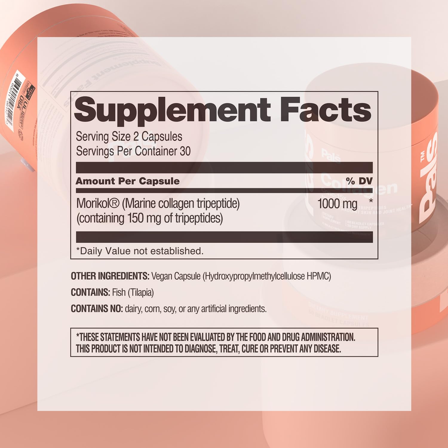 PALS Marine Collagen Capsules side view showing dosage information