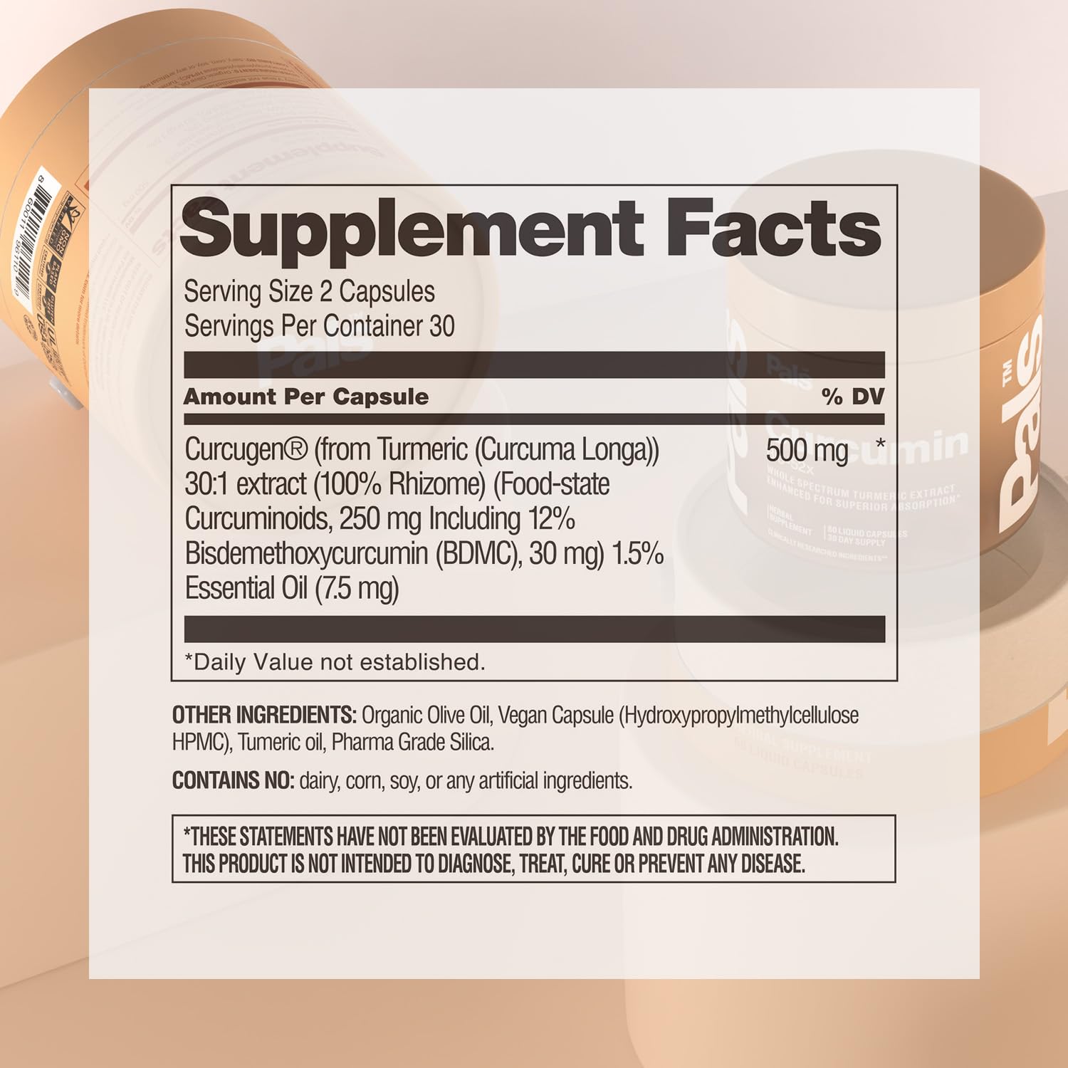 PALS Turmeric Curcumin Capsules 500mg side view showing liquid-filled capsules