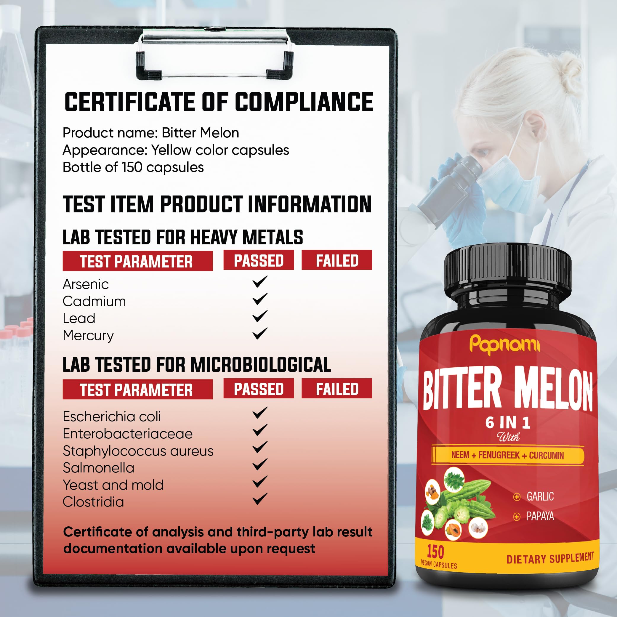 Papnami Bitter Melon Supplement displayed with fresh bitter melon