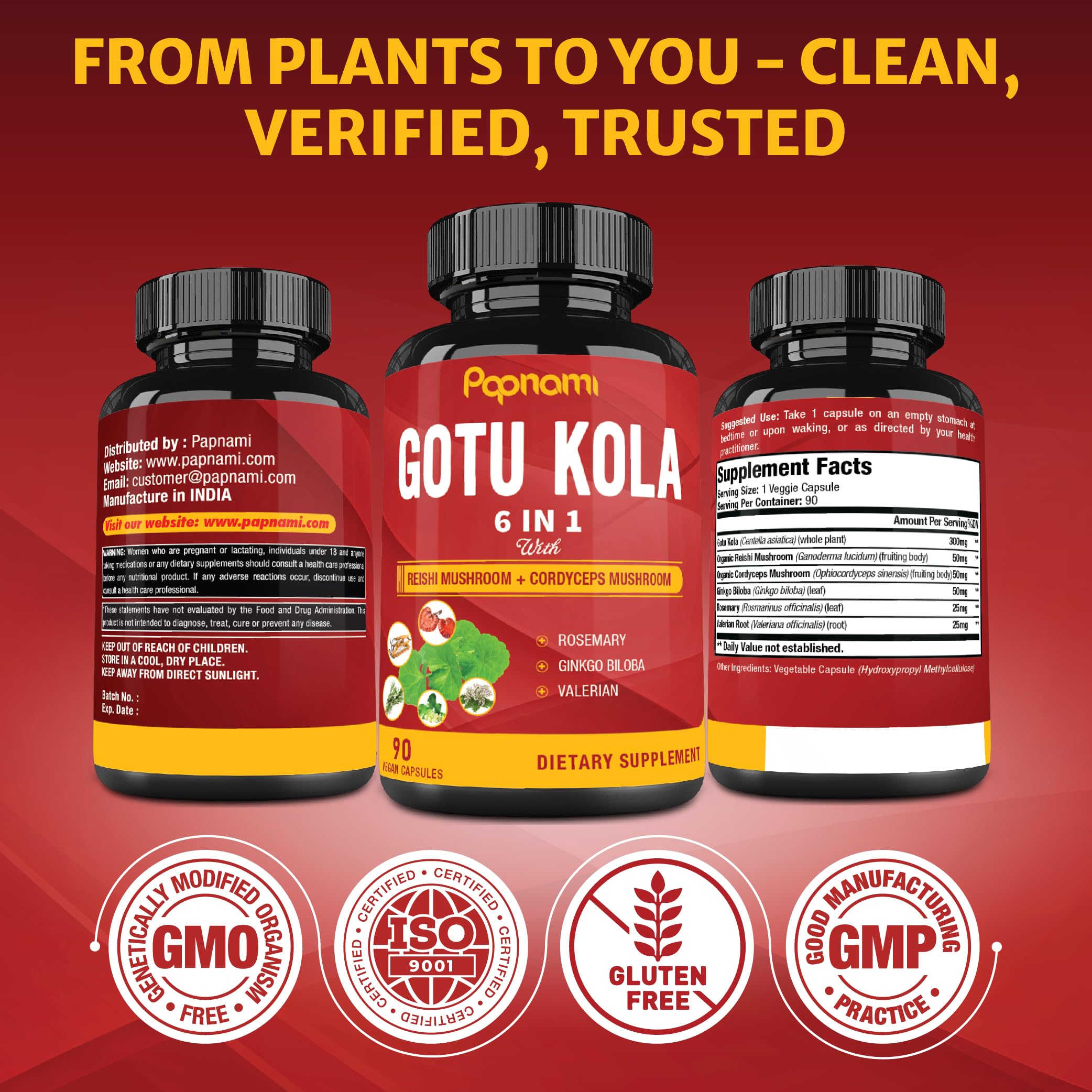 Papnami Gotu Kola Supplement on a wooden table
