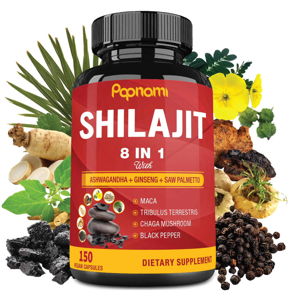 Papnami Saw Palmetto Herbal Supplement bottle front view with 150 capsules