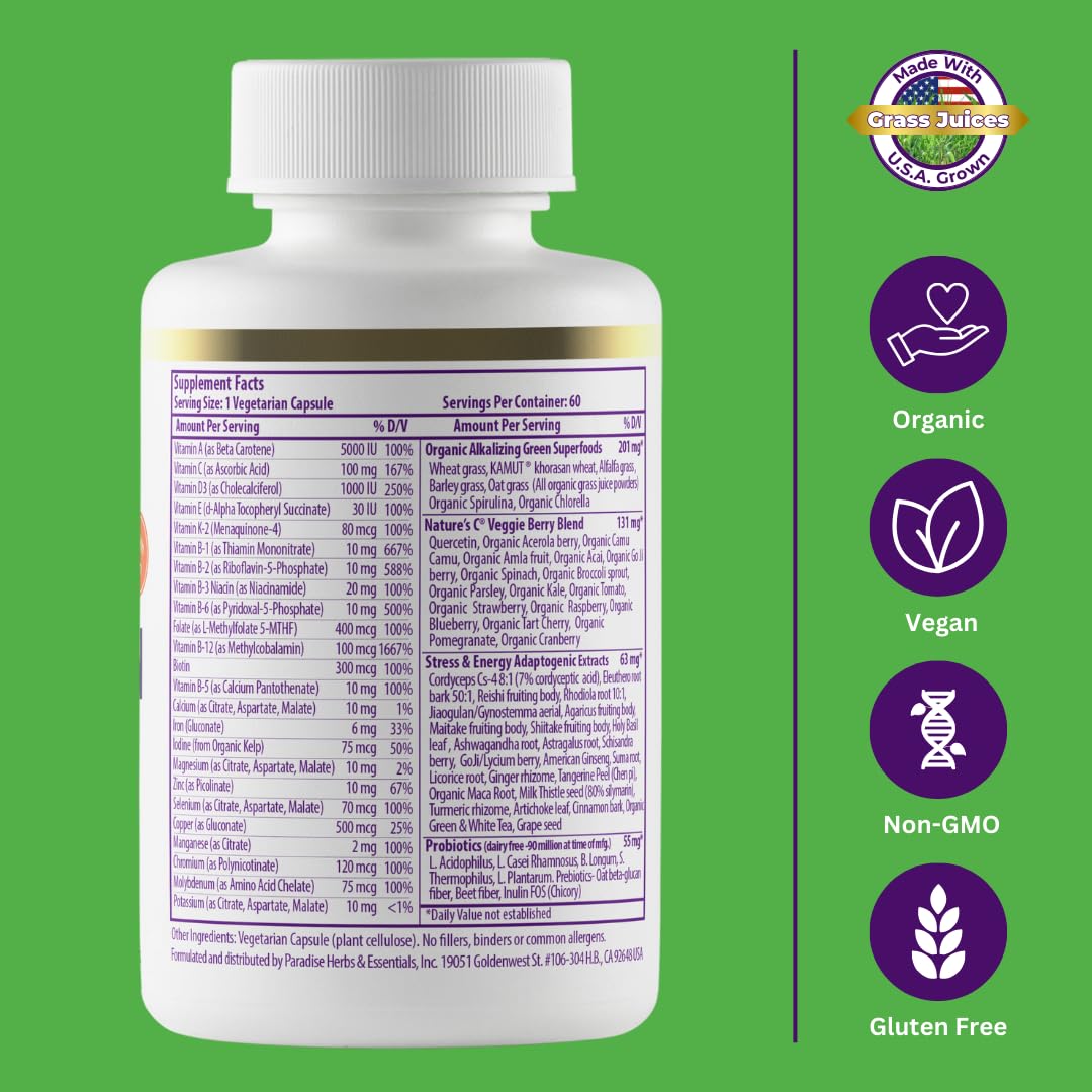 Paradise Herbs Nature Synergized Multivitamin with a measuring spoon for dosage