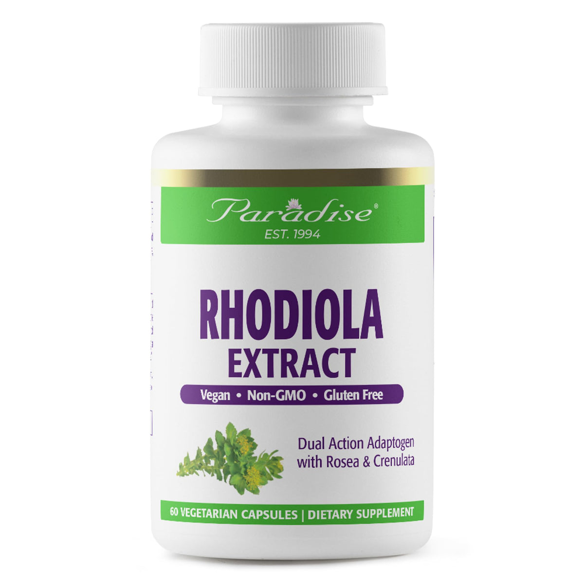 Paradise Herbs Rhodiola Rosea 45g vegetarian capsules front view