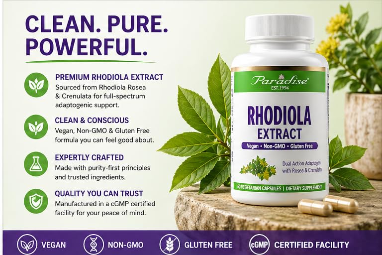 Paradise Herbs Rhodiola Rosea 45g vegetarian capsules side view