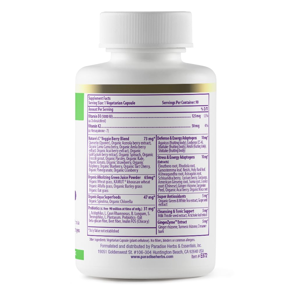 Paradise Herbs Vitamin D3 + K2 supplement capsules on a wooden surface