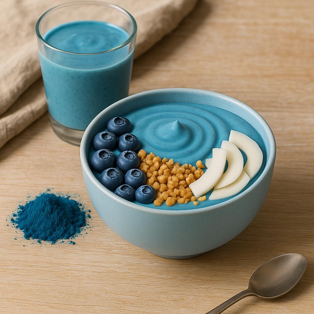 Paremmin Blue Spirulina Powder on a kitchen counter