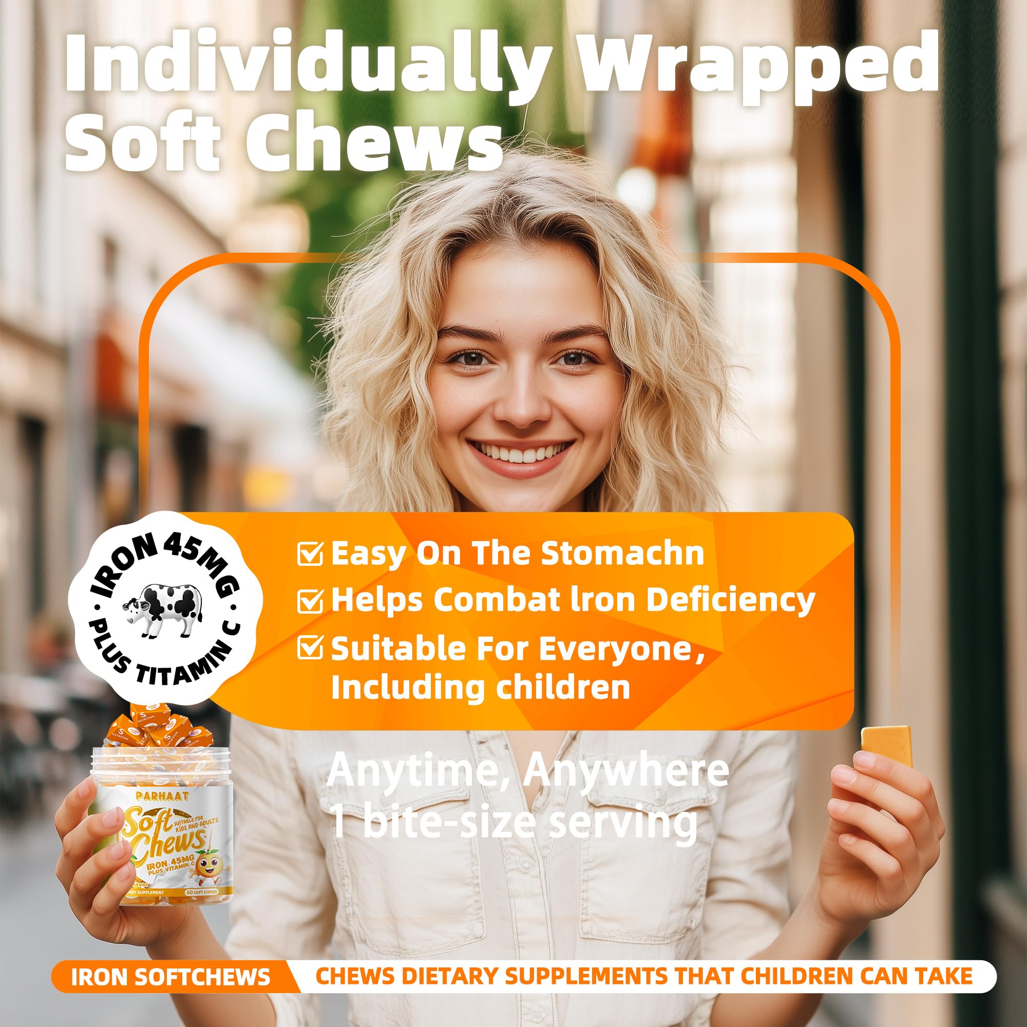 Parhaat Iron Soft Chews packaging with orange flavour
