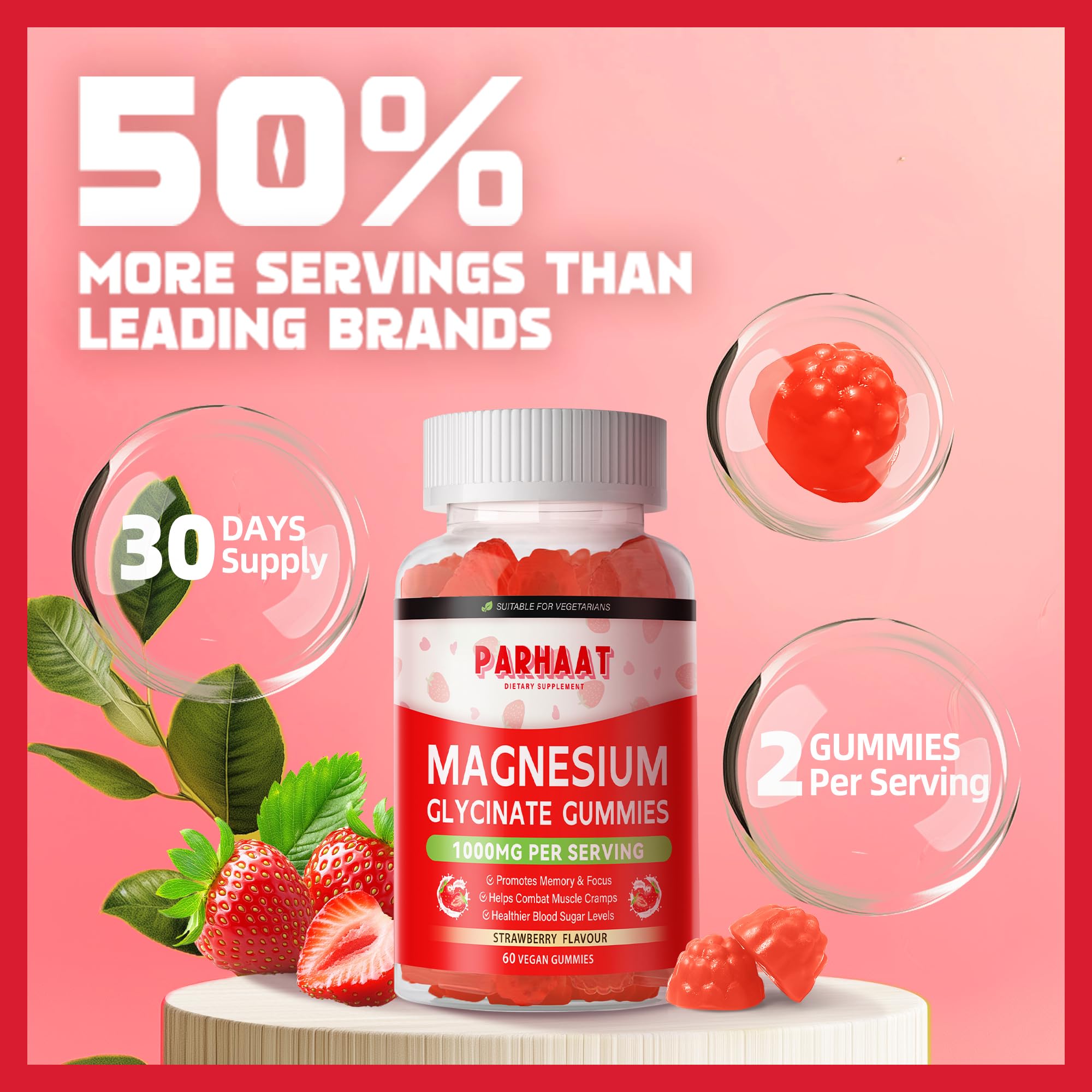 Parhaat Magnesium Gummies displayed with fresh raspberries