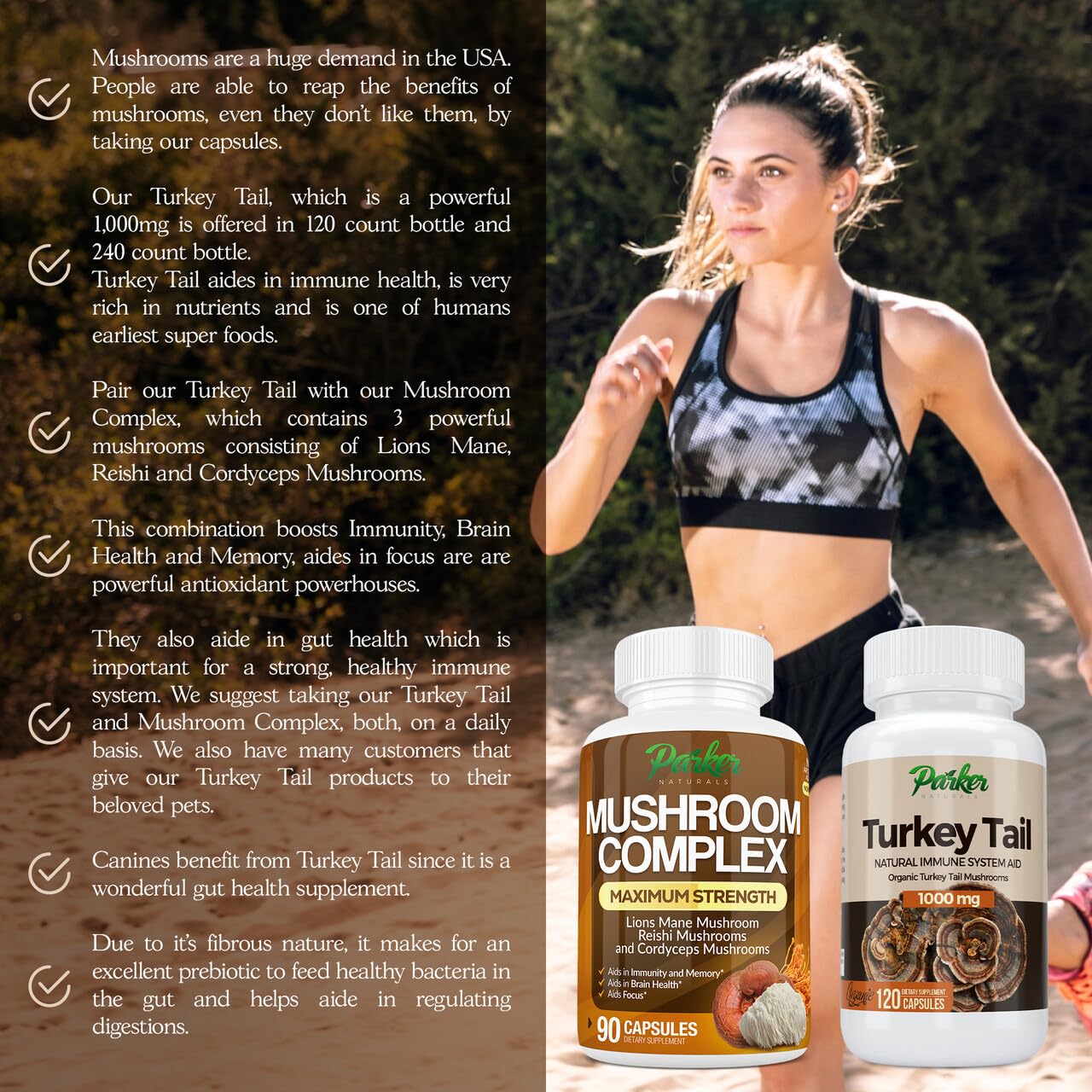 Parker Naturals Turkey Tail Mushroom Capsules 1000mg bottle in a lifestyle setting