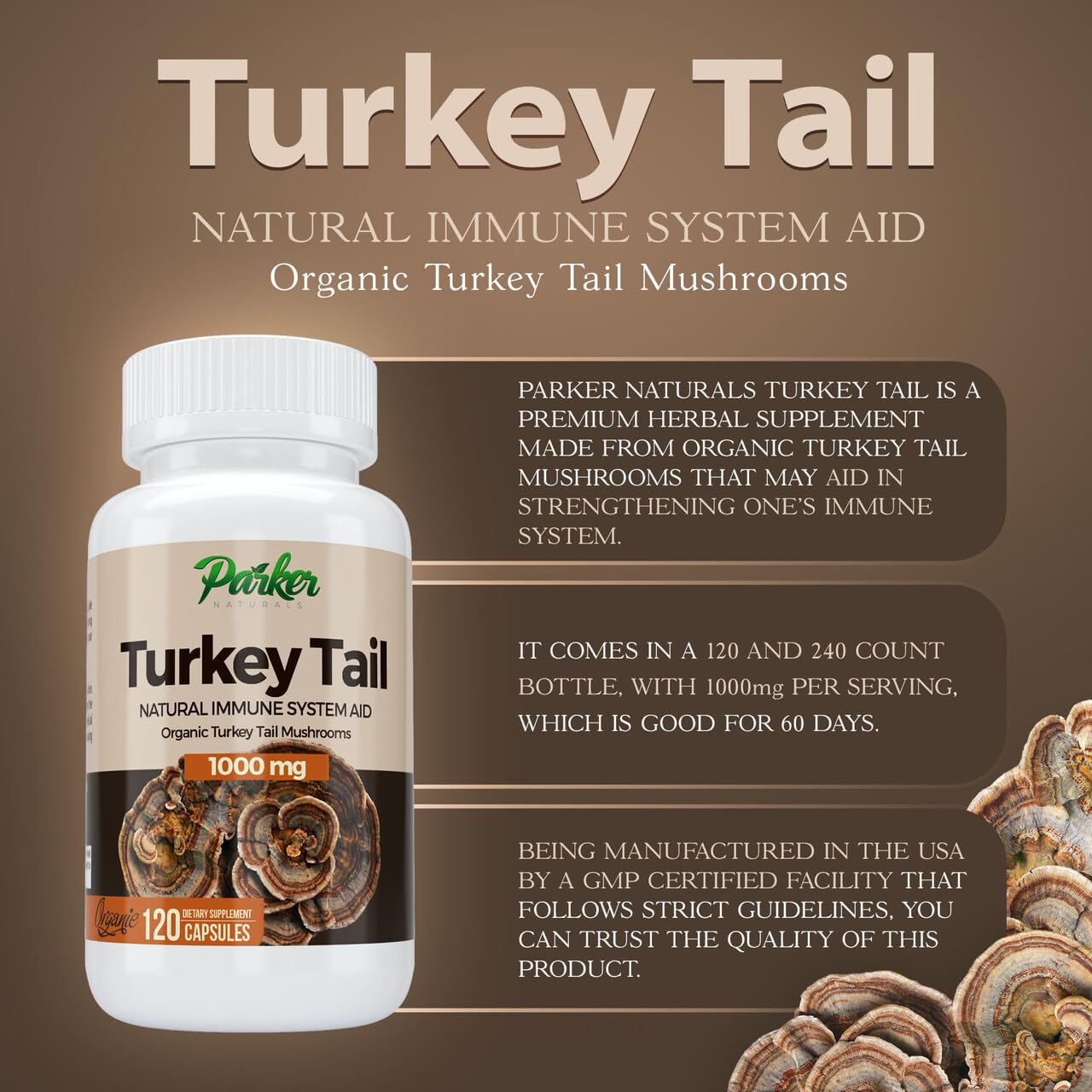 Parker Naturals Turkey Tail Mushroom Capsules 1000mg capsules on a surface
